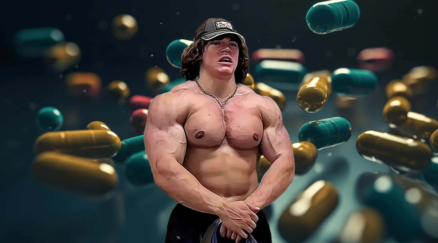 Muscular Man Surroundedby Pills Wallpaper