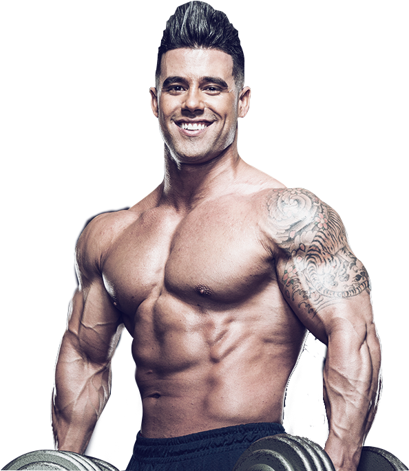 Muscular Man With Tattoo Holding Dumbbells PNG