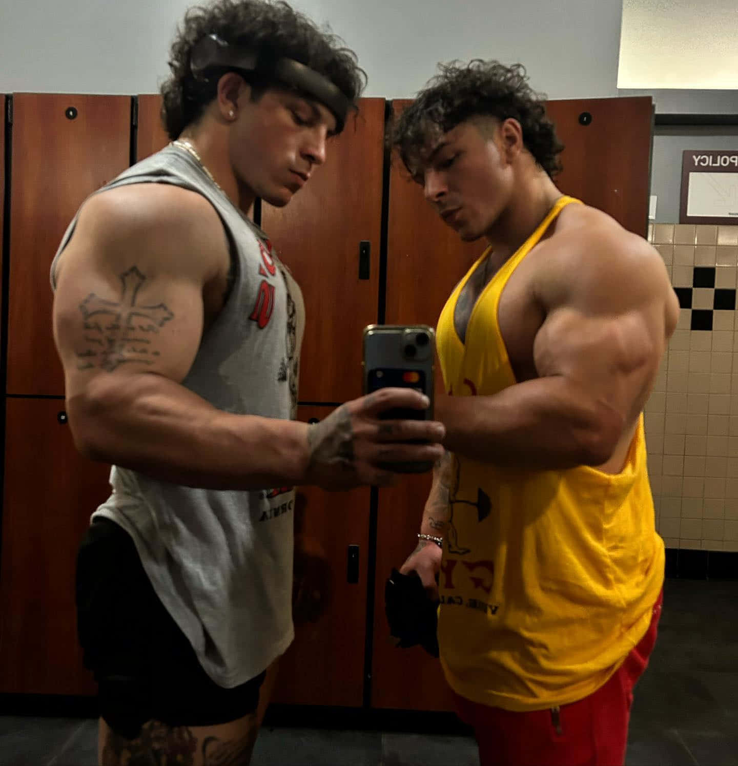 Muscular Twins Mirror Selfie Gym Locker Room Wallpaper