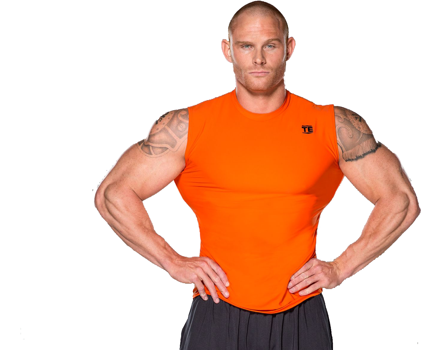 Muscular Wrestlerin Orange Sleeveless Shirt PNG