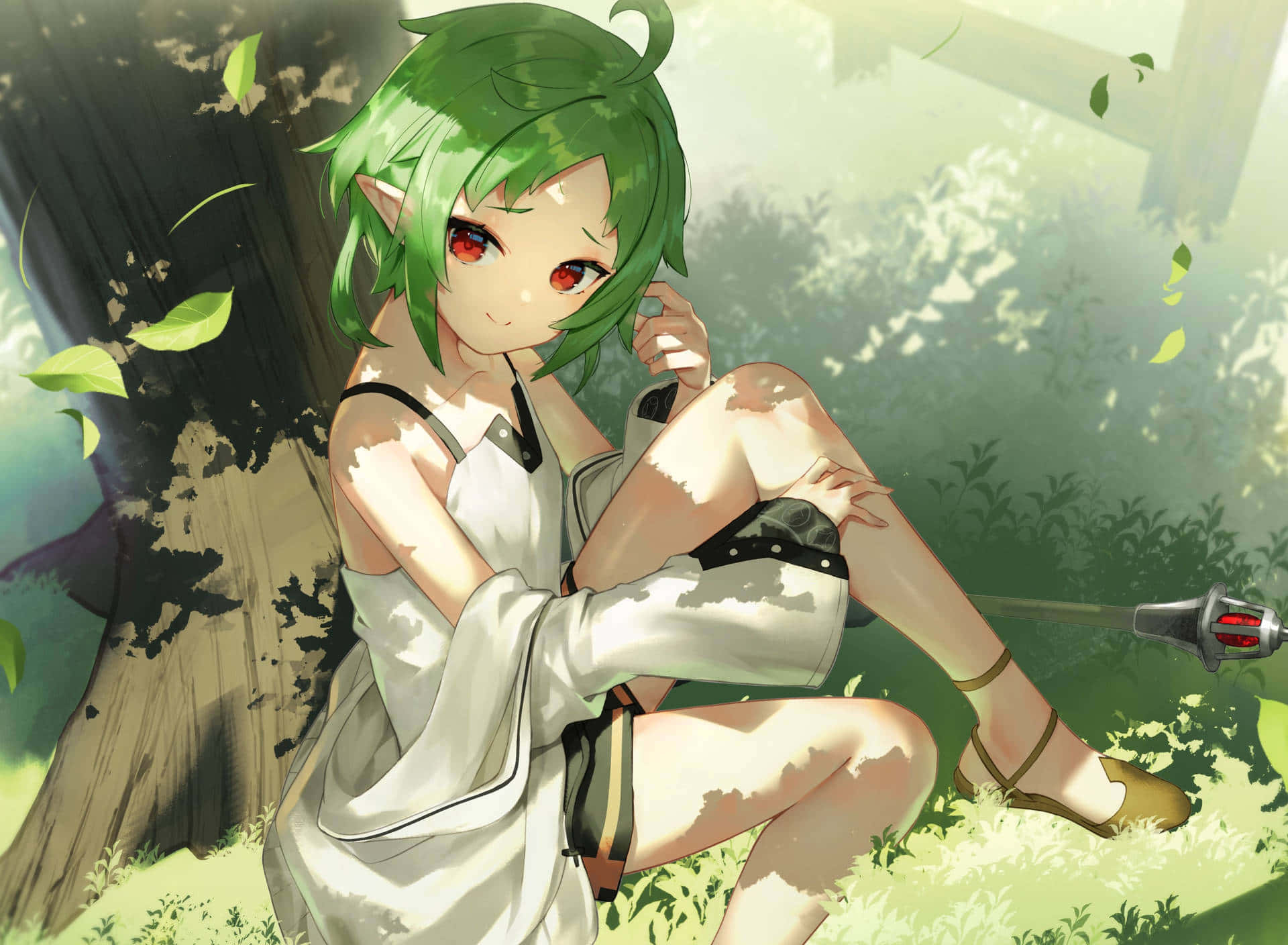 A Girl With Green Hair Sitting On A Tree