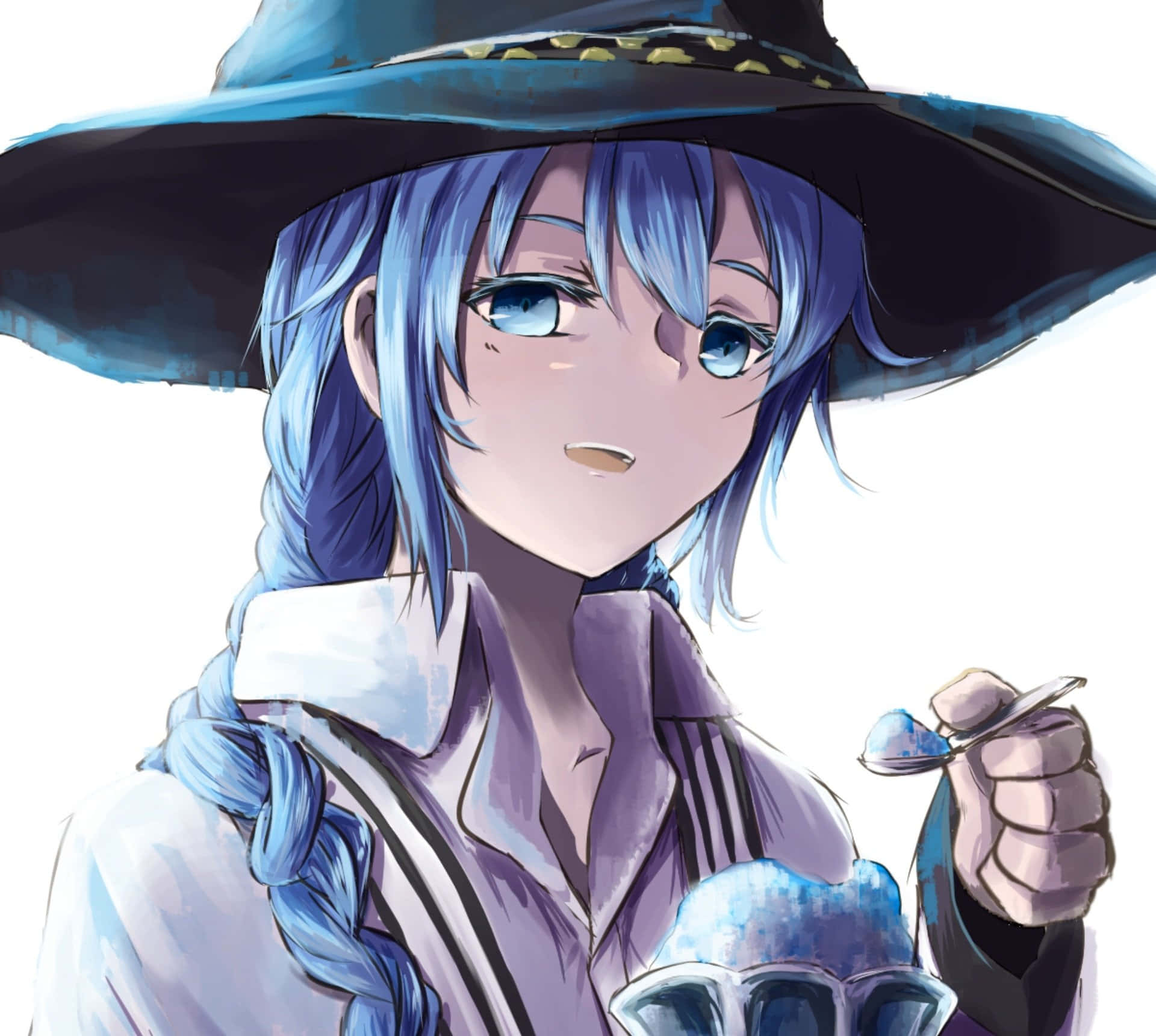 A Girl In A Hat And Blue Hair Eating Ice Cream