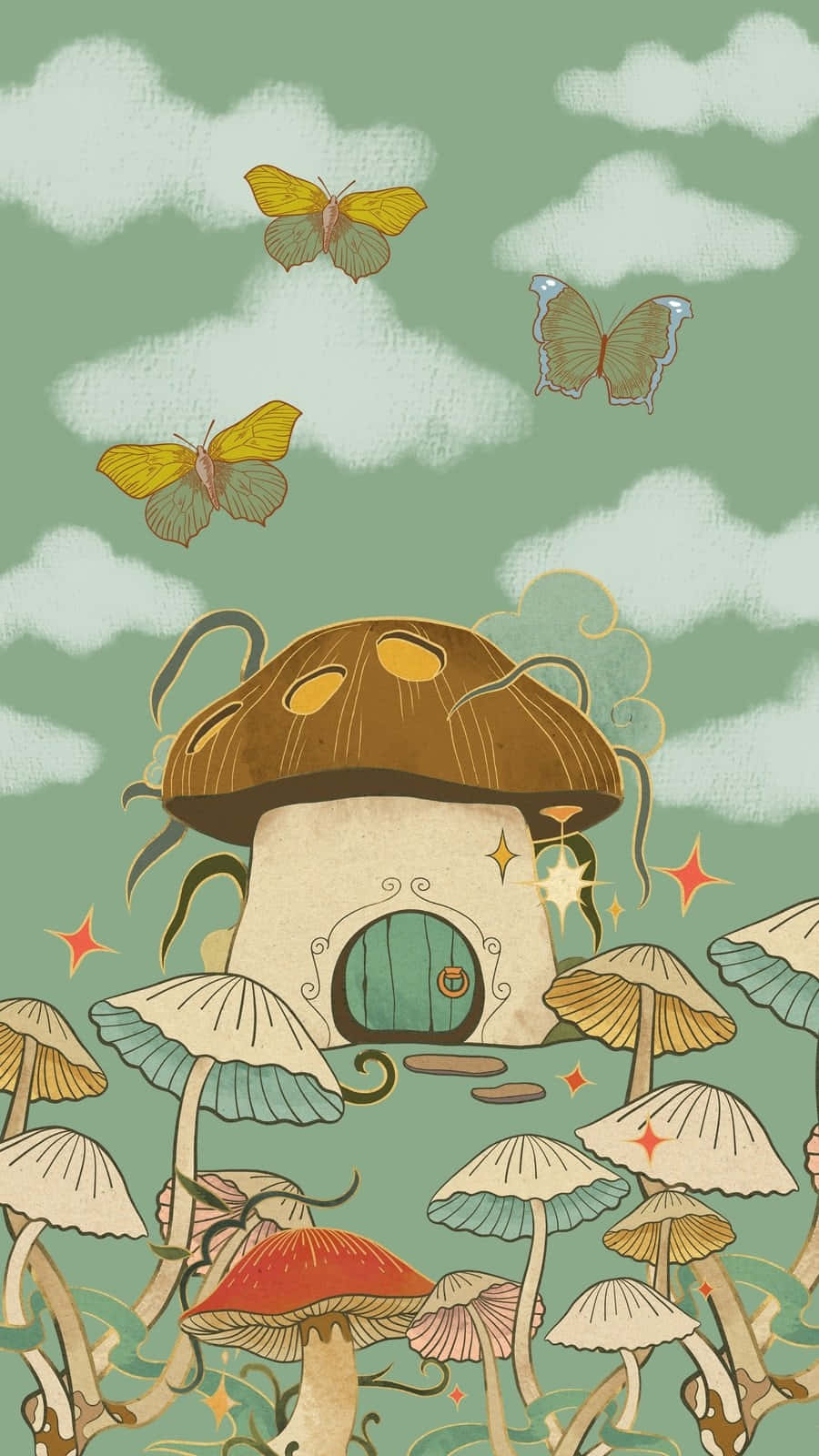 Mushroom House Fantasy Green Aesthetic Wallpaper