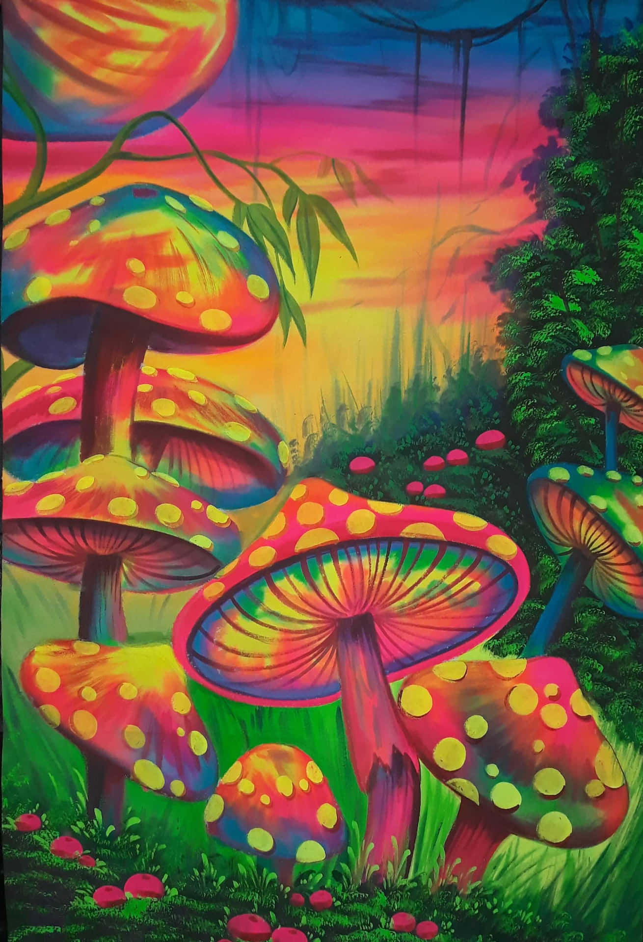 A Colorful Painting Of Mushrooms In The Forest Wallpaper
