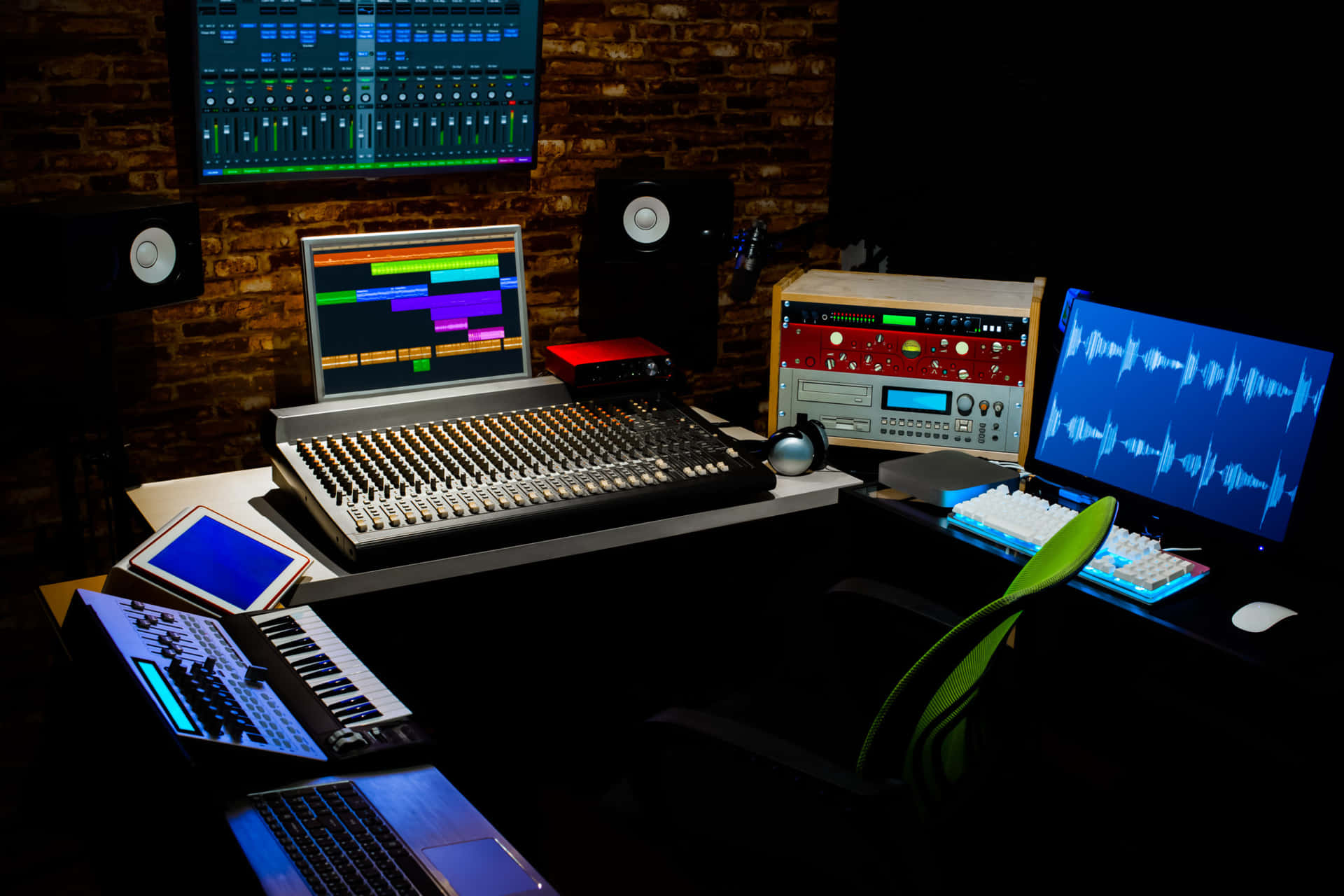 A Recording Studio With A Monitor, Keyboard, And Other Equipment
