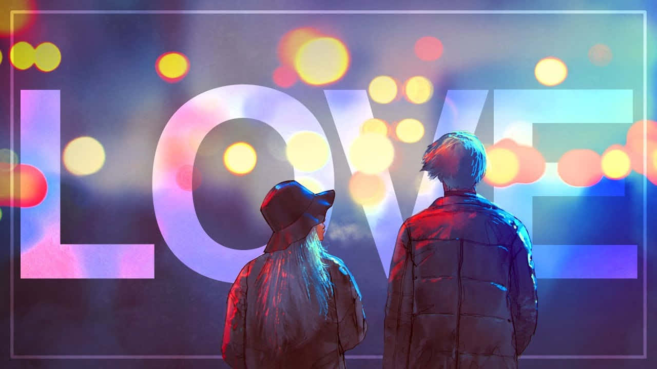 Two People Standing In Front Of A Building With The Word Love Wallpaper
