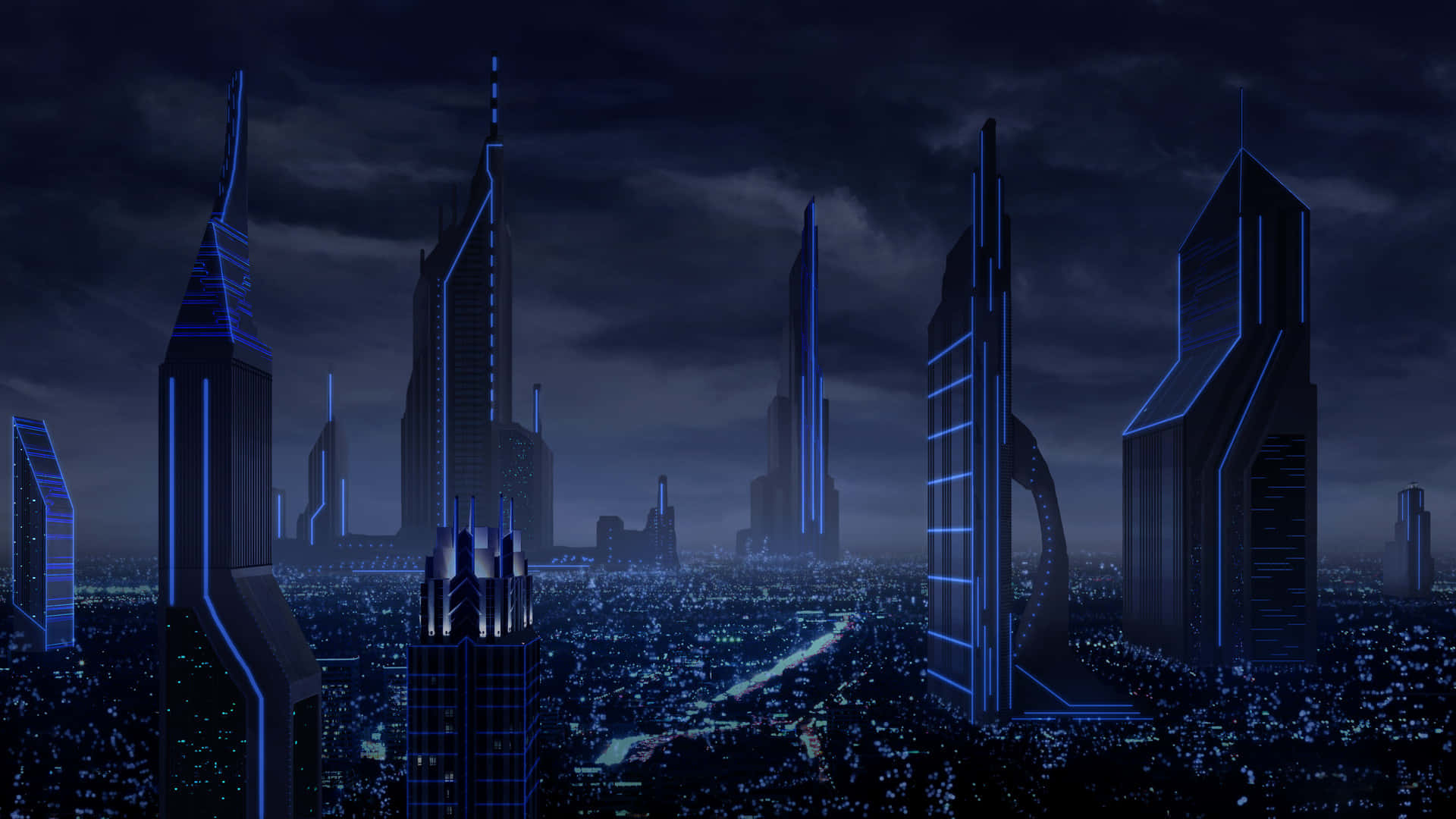 A Futuristic City With Blue Lights Wallpaper
