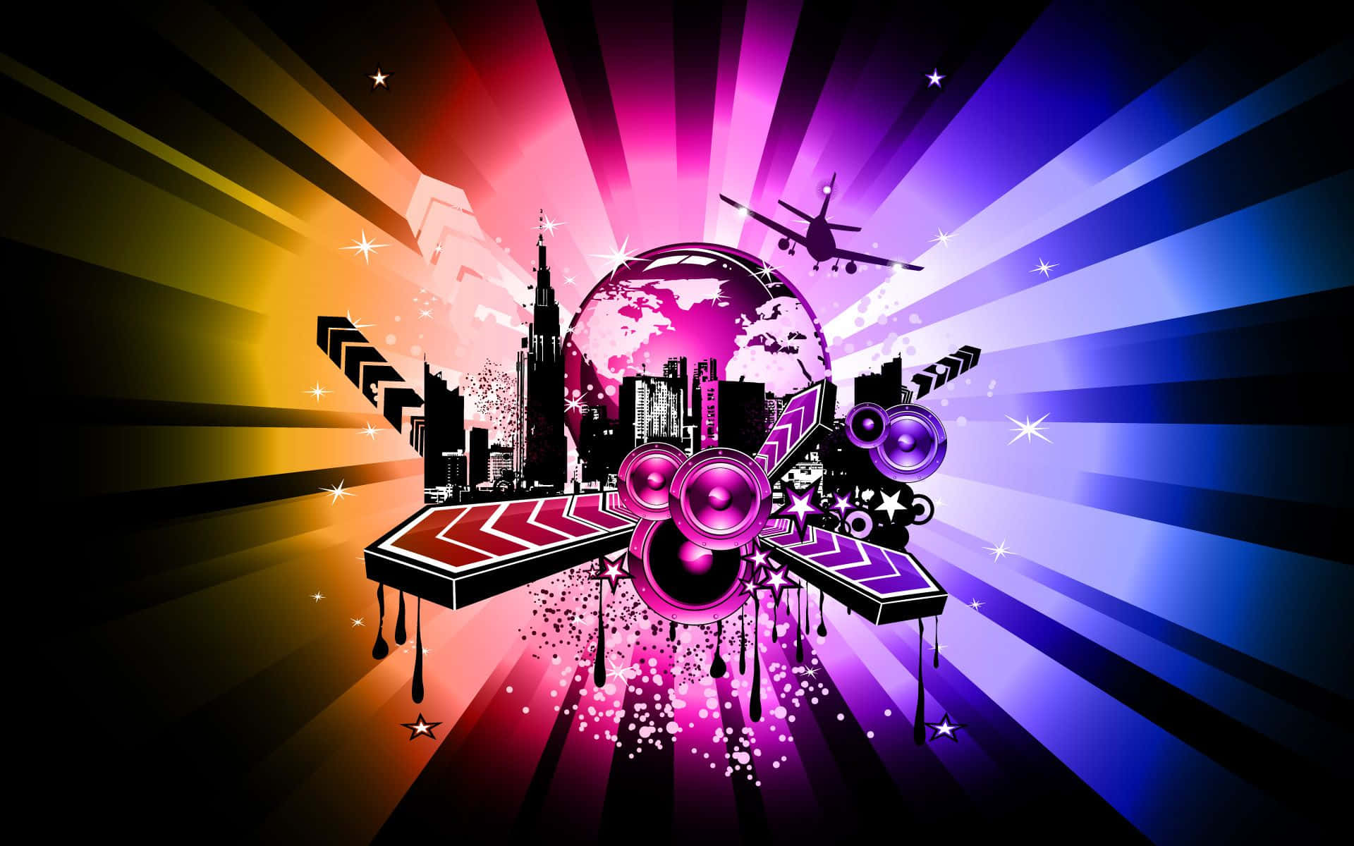 A Colorful Background With A City And Music Wallpaper