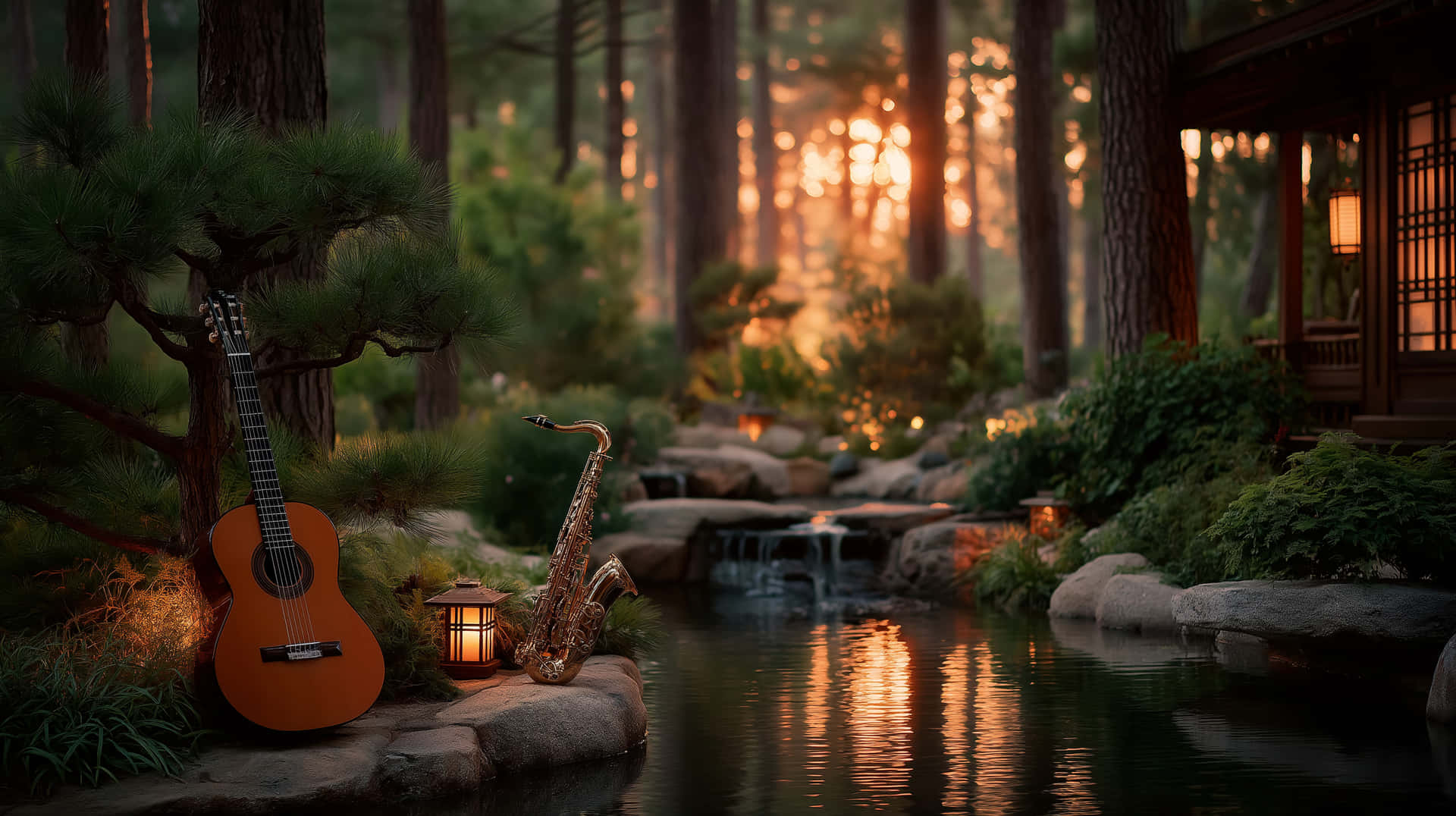 Musical Instruments By Pond In Tranquil Forest Setting Wallpaper