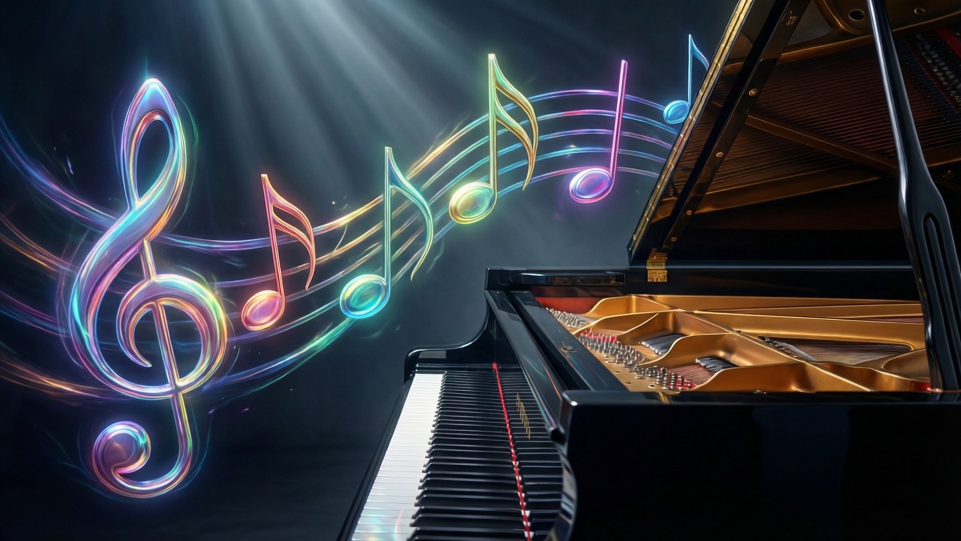 Glødende musikknoter som stiger opp fra piano, abstrakt musikkvisualisering.
