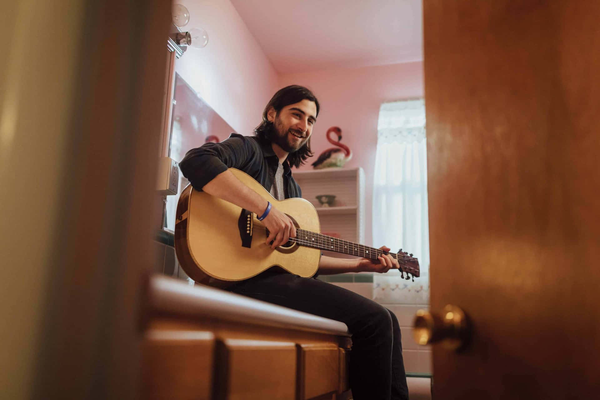 Musician Playing Guitarin Bathroom Wallpaper