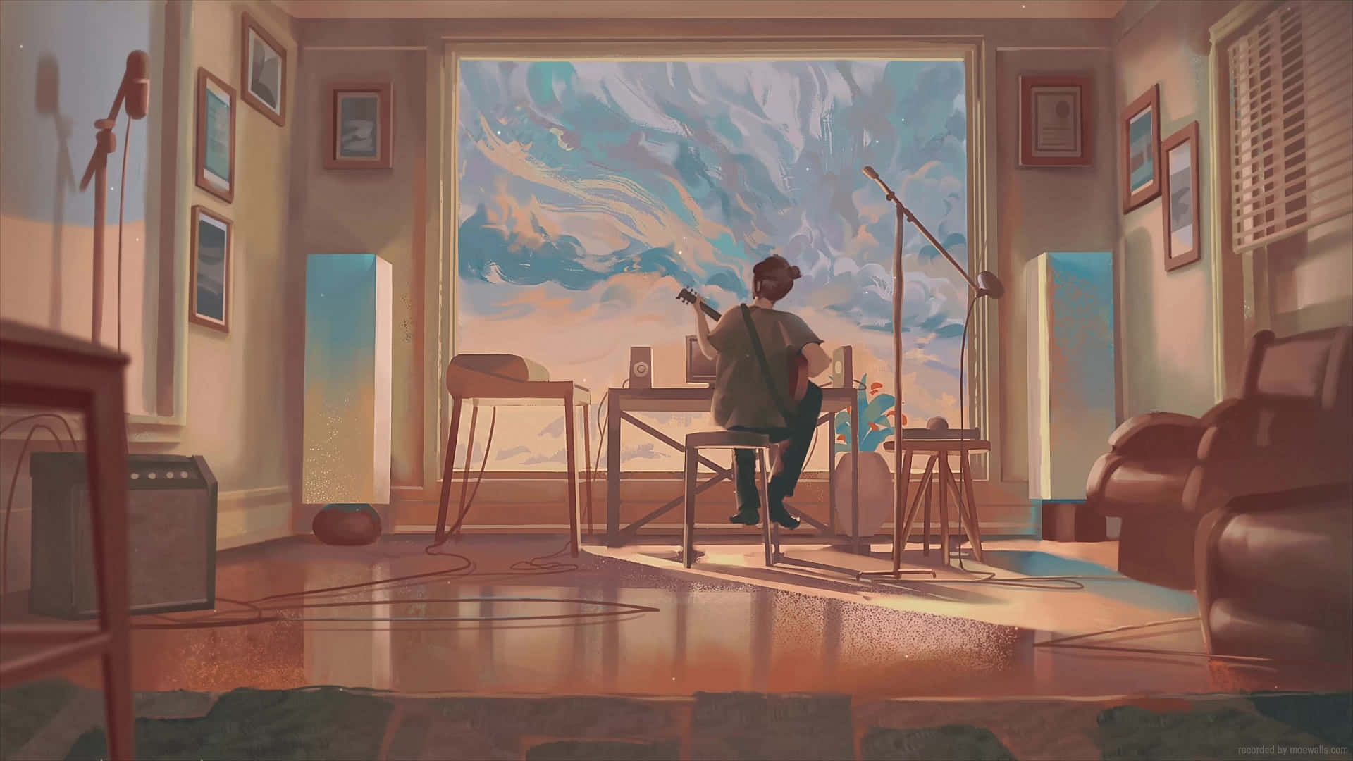 Musiker praktiserer med guitar LoFi anime scene Wallpaper