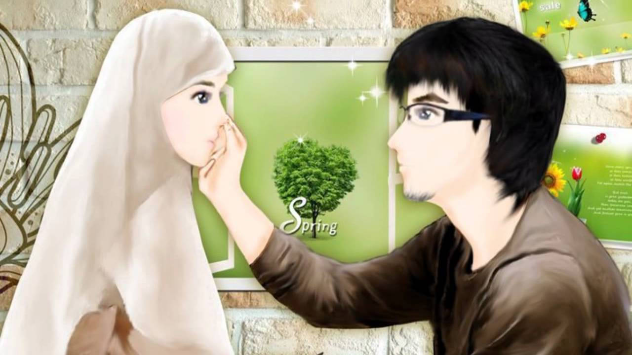 Muslim Couple Cartoon Boy Rubbing Girl's Cheek