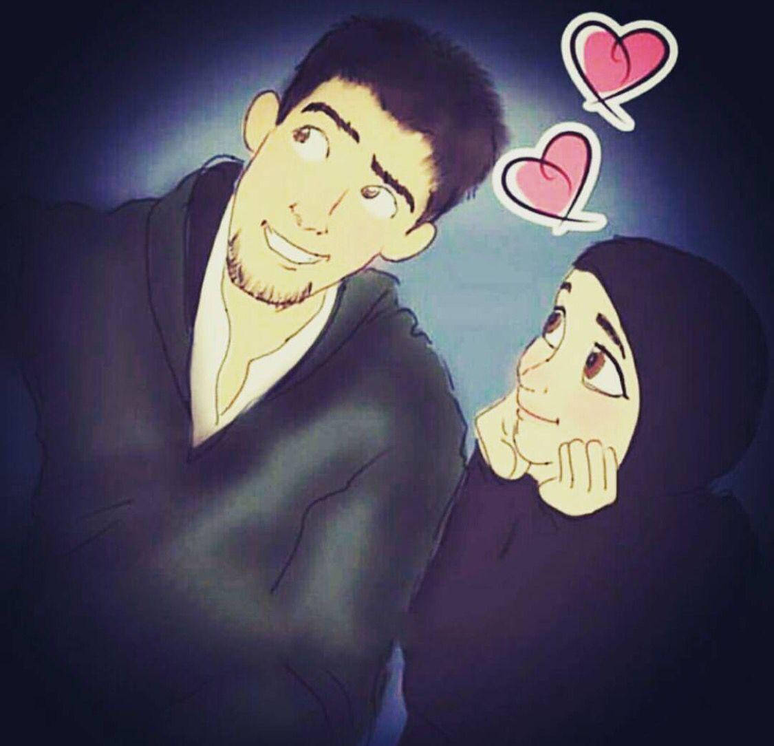 Muslim Couple Cartoon Floating Hearts Wallpaper