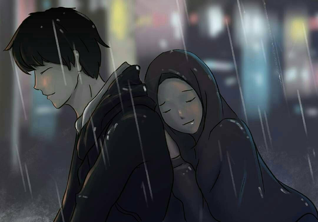 Muslim Couple Cartoon Under The Rain