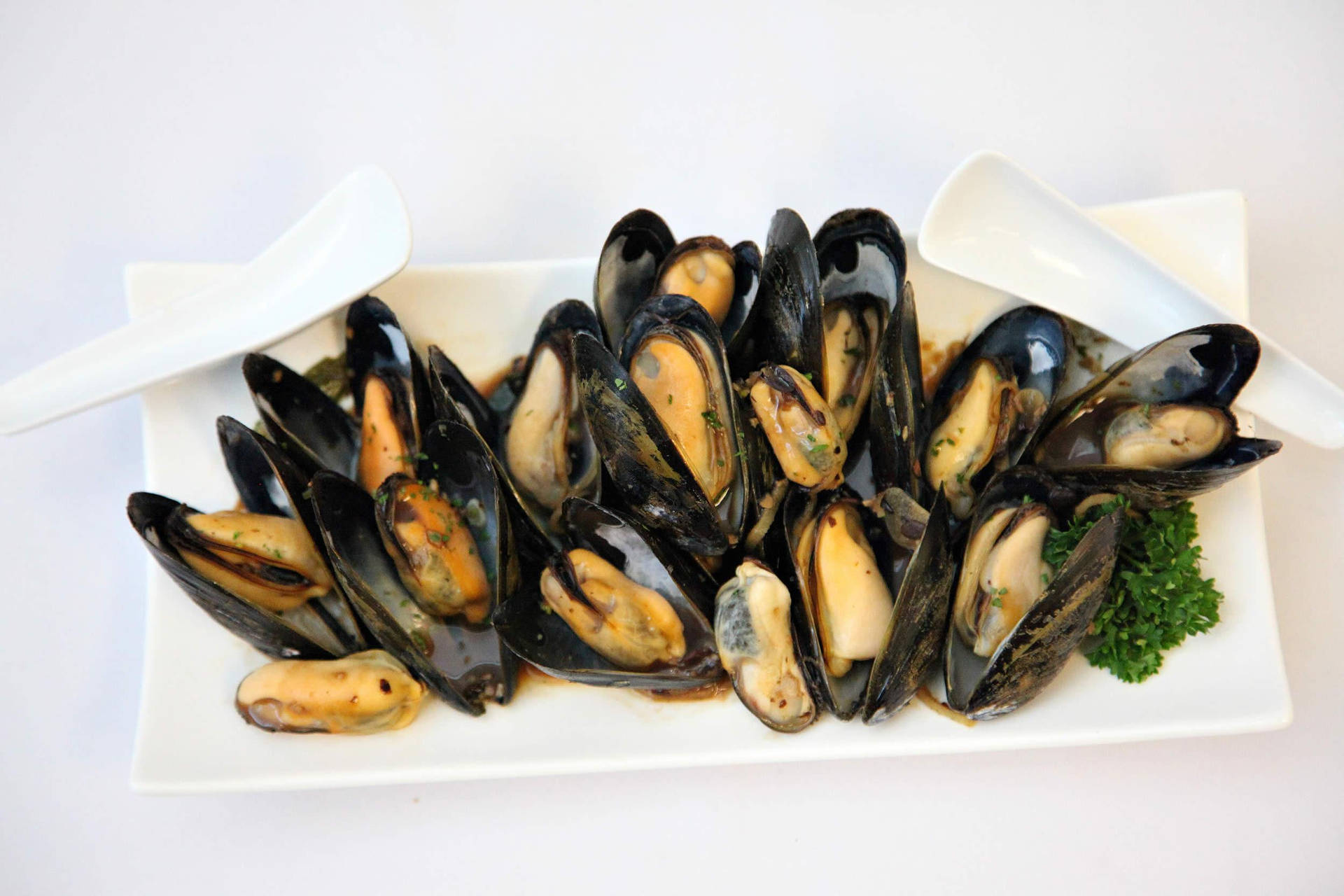 Mussels Served On White Rectangular Plate Wallpaper