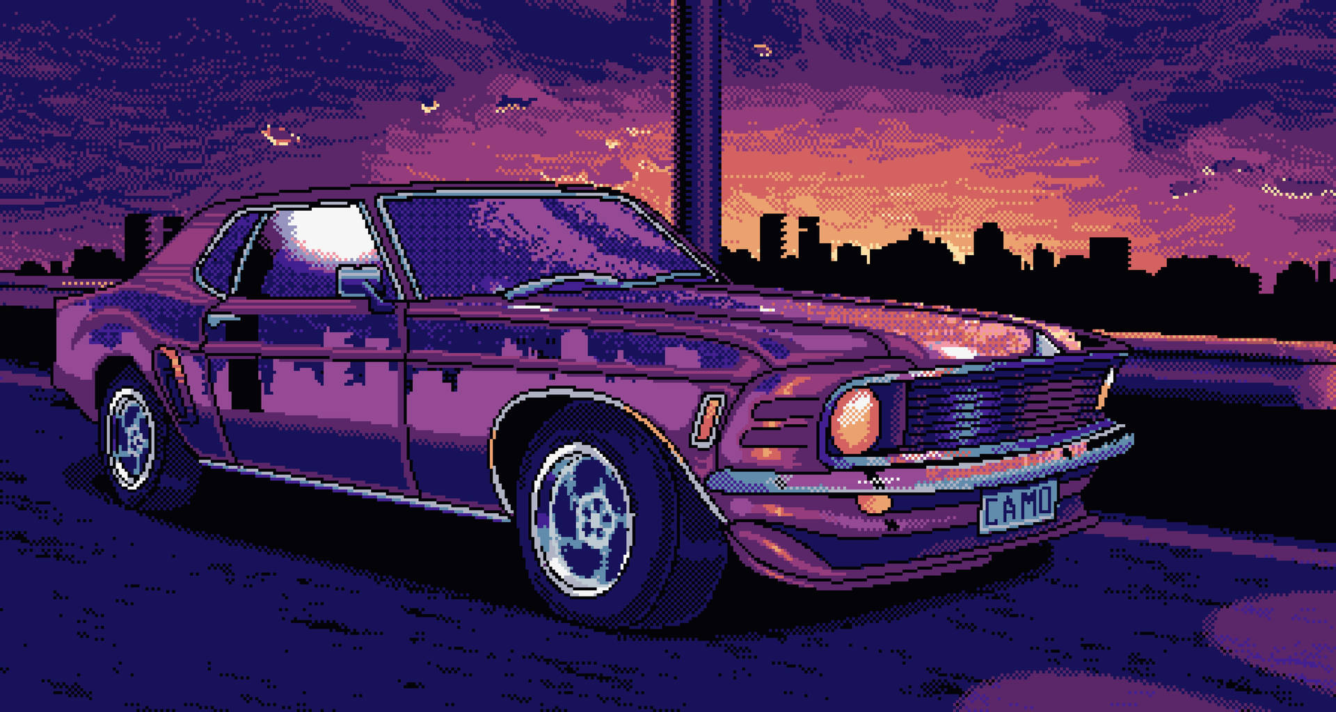 Mustang In A City Aesthetic Pixel Art Wallpaper