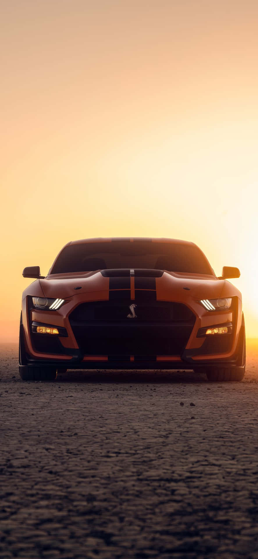 A Ford Mustang Gt Is Sitting In The Desert At Sunset Wallpaper