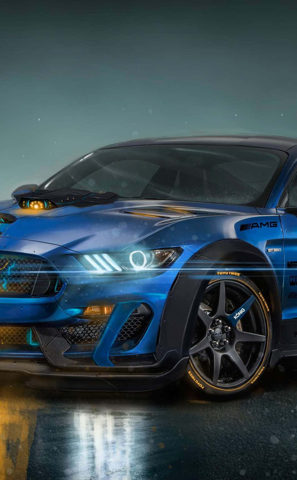 Den blå Mustang kører på vejen Wallpaper