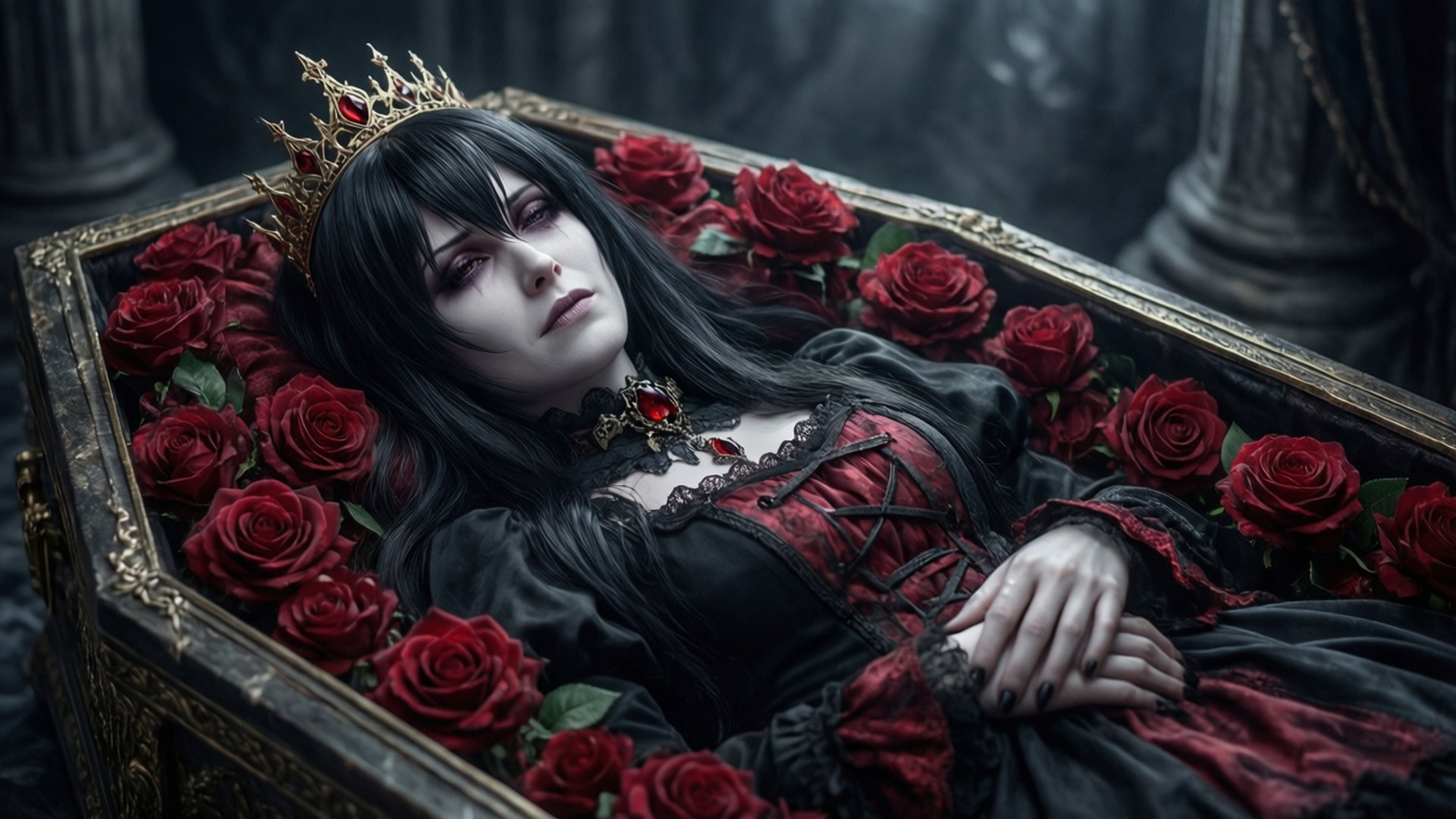 Mother's Eternal Sleep Wallpaper — A gothic woman with a crown rests in an ornate coffin surrounded by vibrant red roses in a dimly lit cathedral.