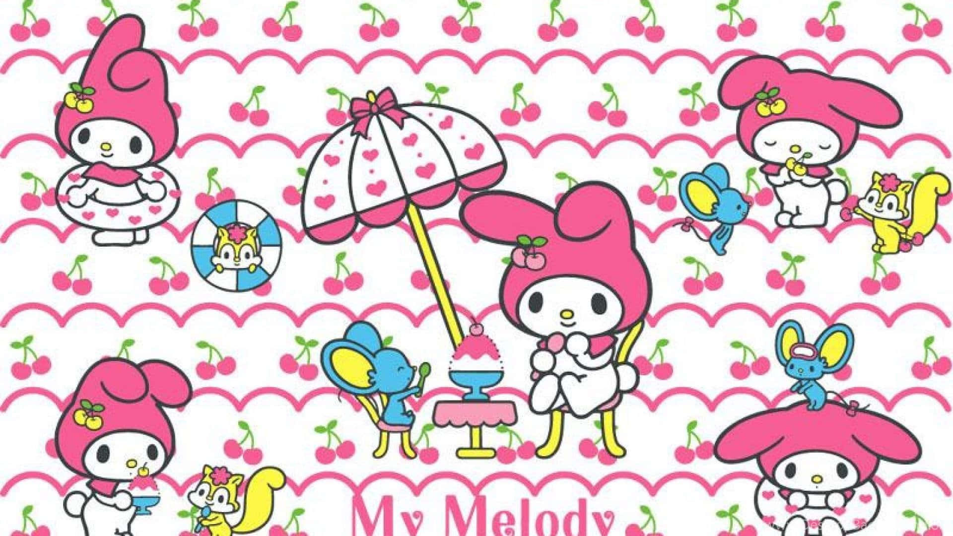 A Pink And White Background With A Pink And White Kawaii Character