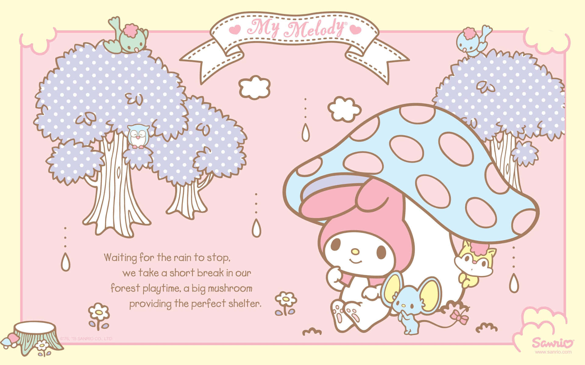 A Pink And White Cartoon With A Mushroom And A Teddy Bear Wallpaper