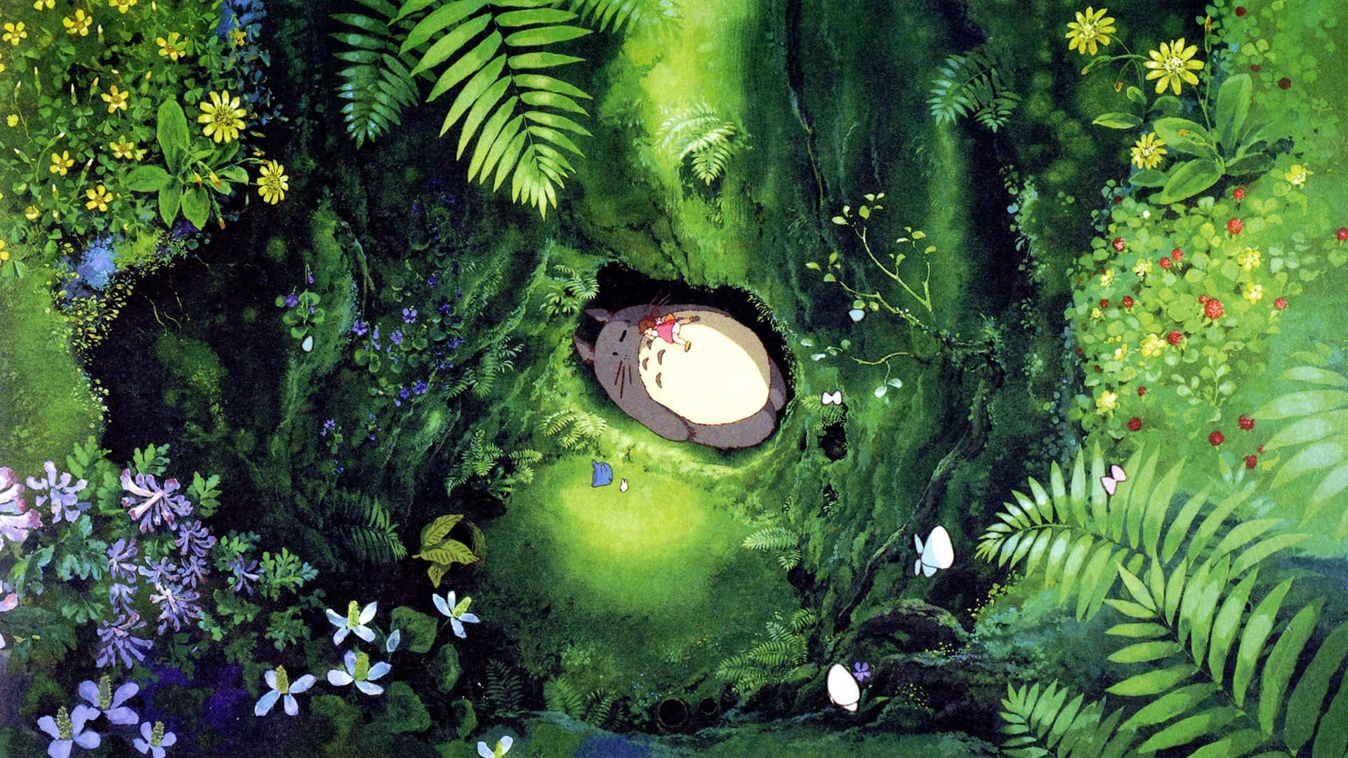 Totoro, Mei, and friends in the magical forest Wallpaper