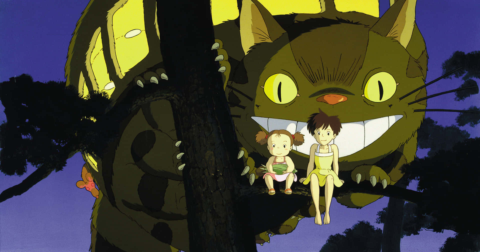My Neighbor Totoro movie scene with Satsuki, Mei, and Totoro near the bus stop Wallpaper