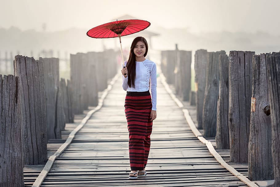 Myanmar Girl With Red Umbrella Wallpaper