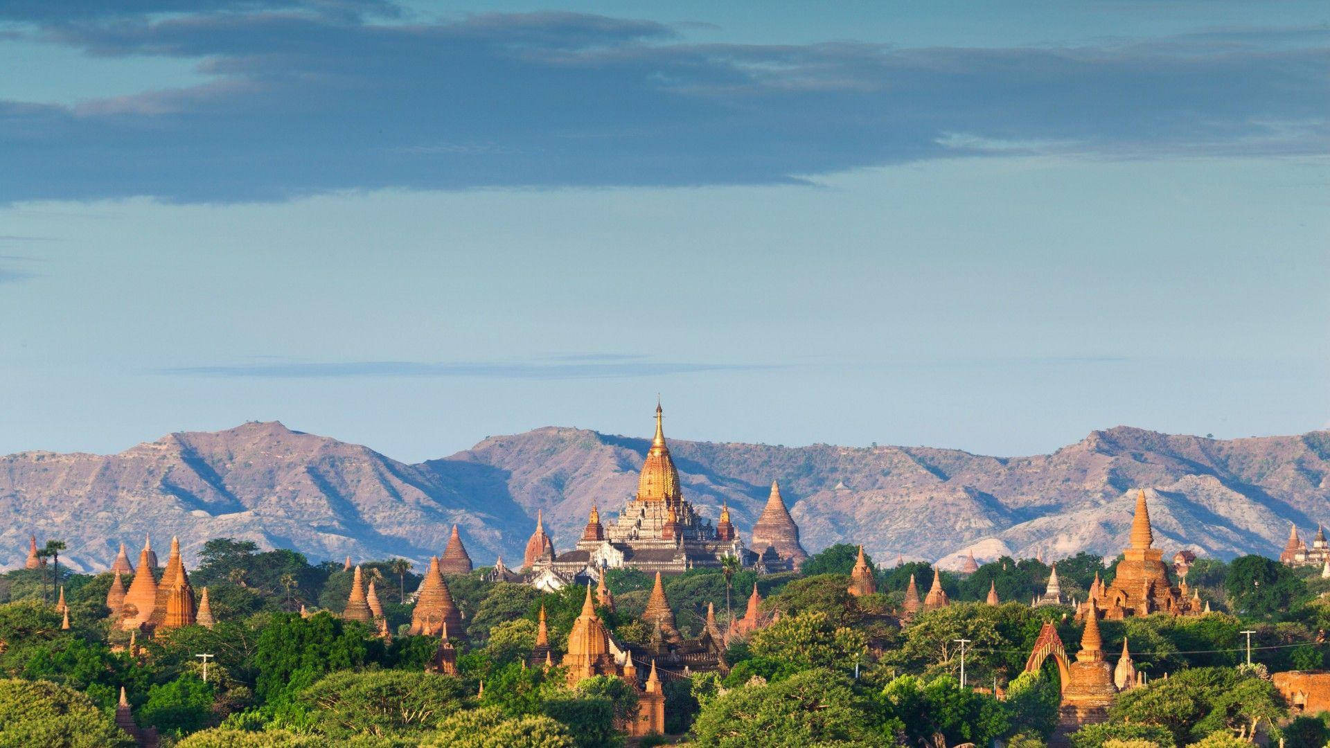 Myanmar Temples And Mountains Wallpaper