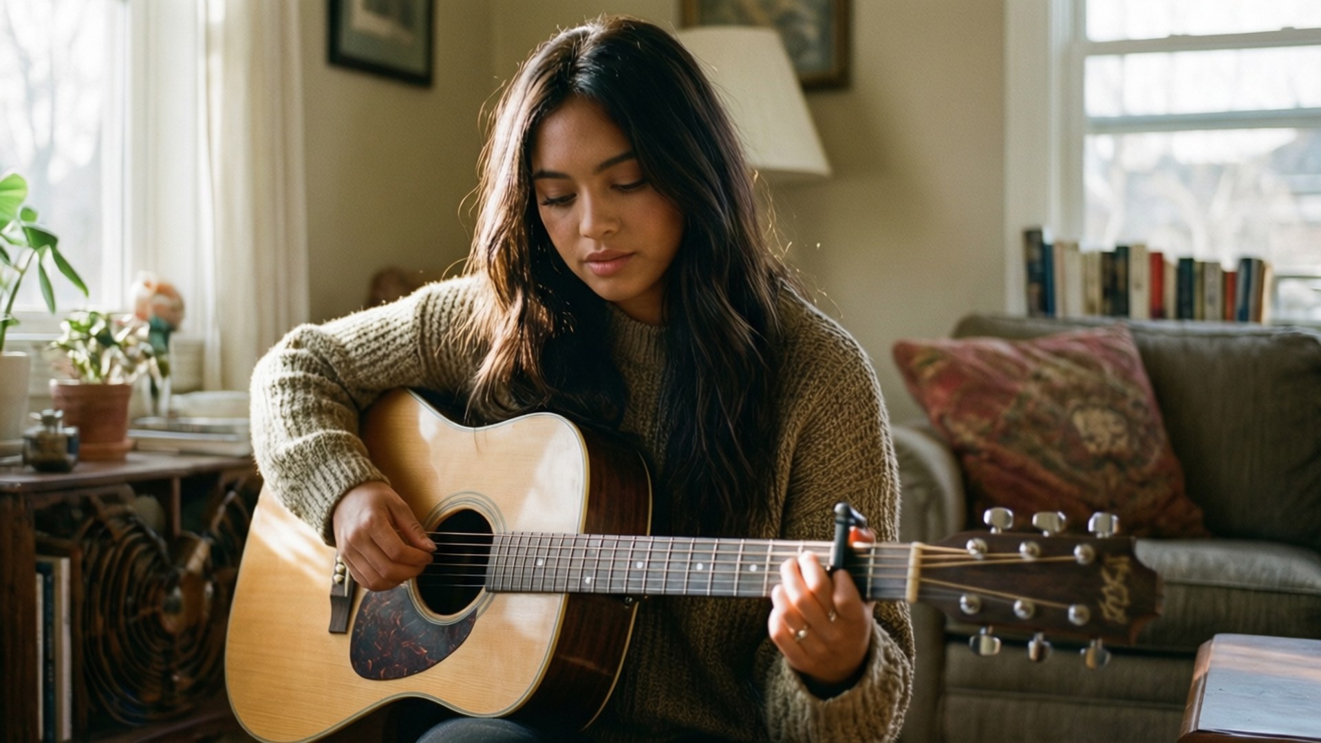Cozy Guitar Session Wallpaper — A young woman with long dark hair plays an acoustic guitar in a sunlit living room with bookshelves and a couch.