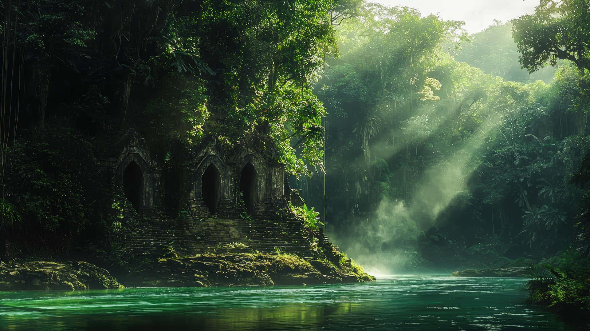 Mysterious Ancient Temple Surrounded By Dense Jungle With Sun Rays And Misty Greenery Wallpaper
