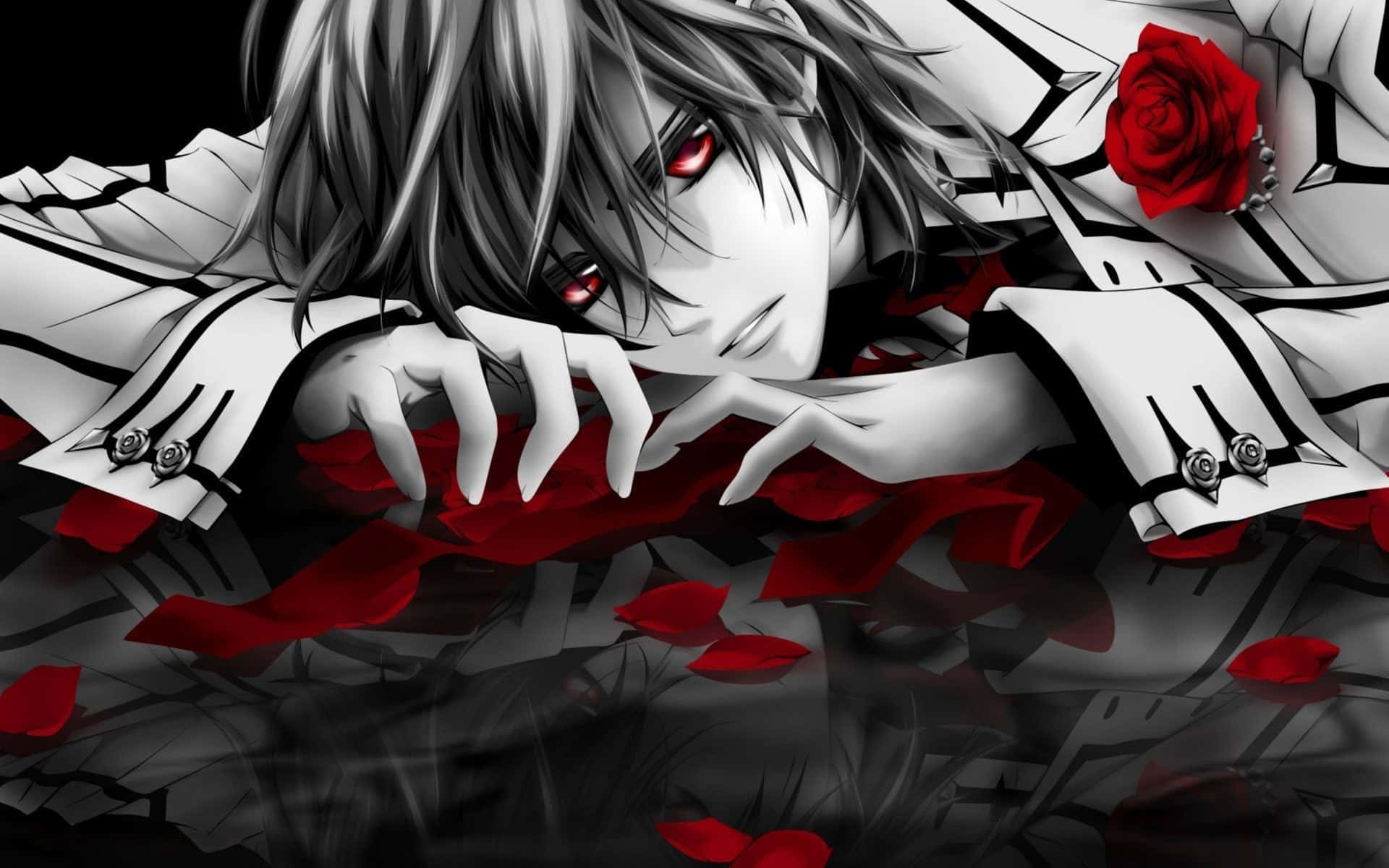 Mysterious_ Anime_ Boy_with_ Red_ Eyes_and_ Roses Wallpaper