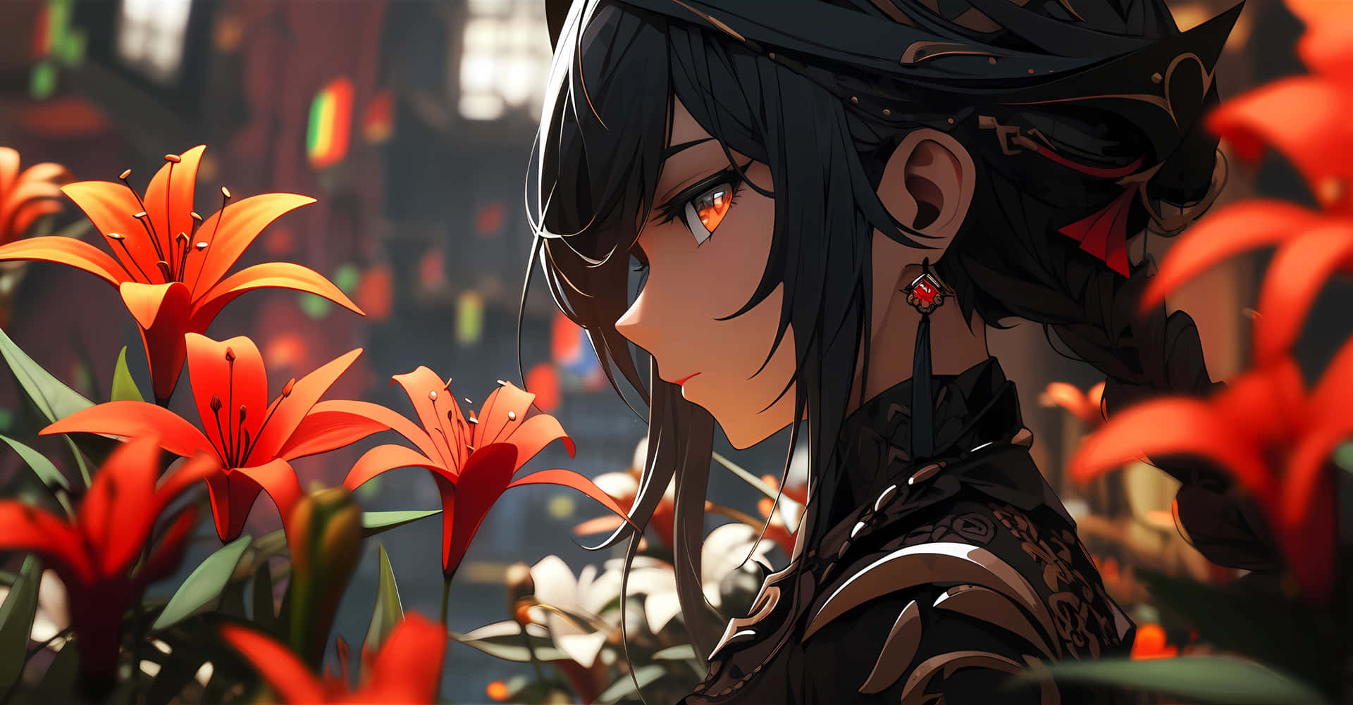 Mysterious_ Anime_ Character_ Amidst_ Lilies Wallpaper