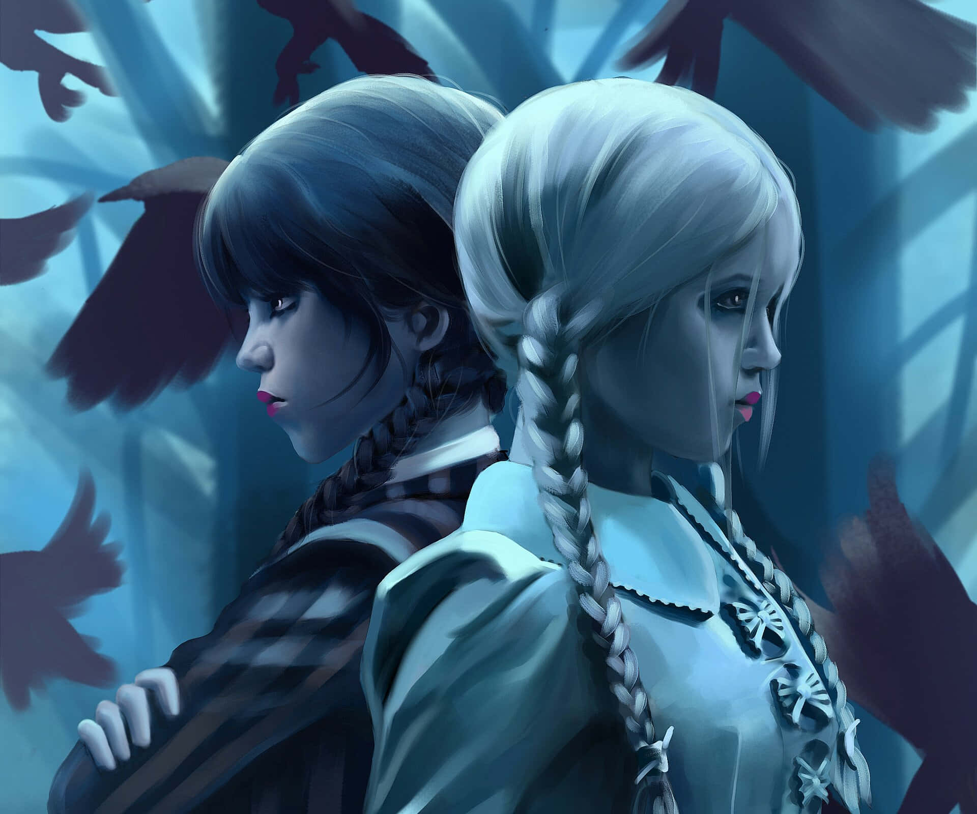 Mysterious Blue Hued Portraitof Two Girls Wallpaper