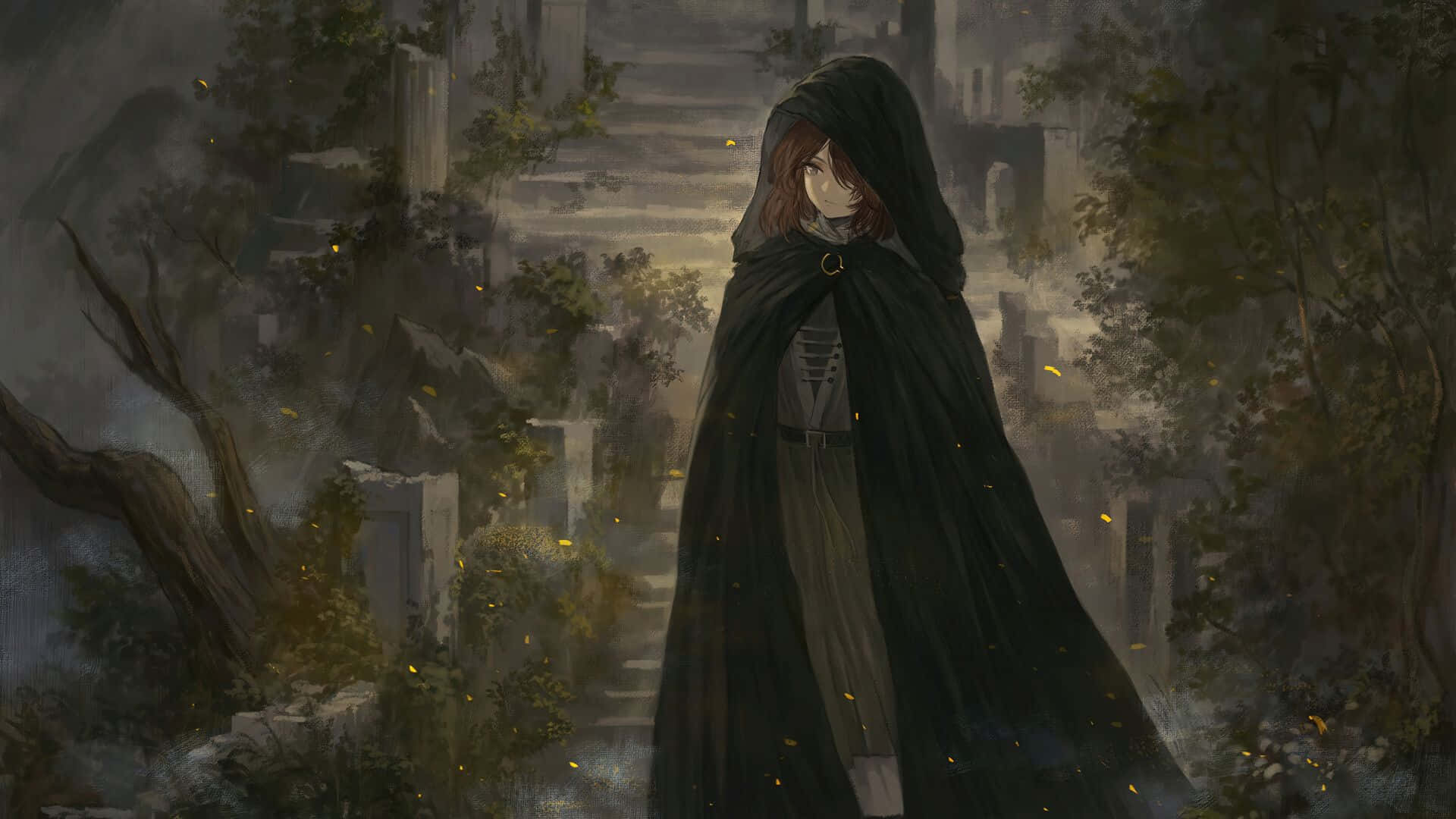 Mysterious Cloaked Figure In Ruins Wallpaper
