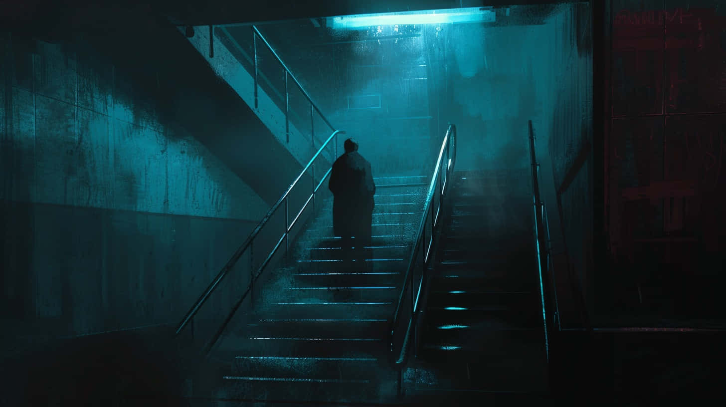 Mysterious_ Figure_ Ascending_ Dark_ Staircase Wallpaper