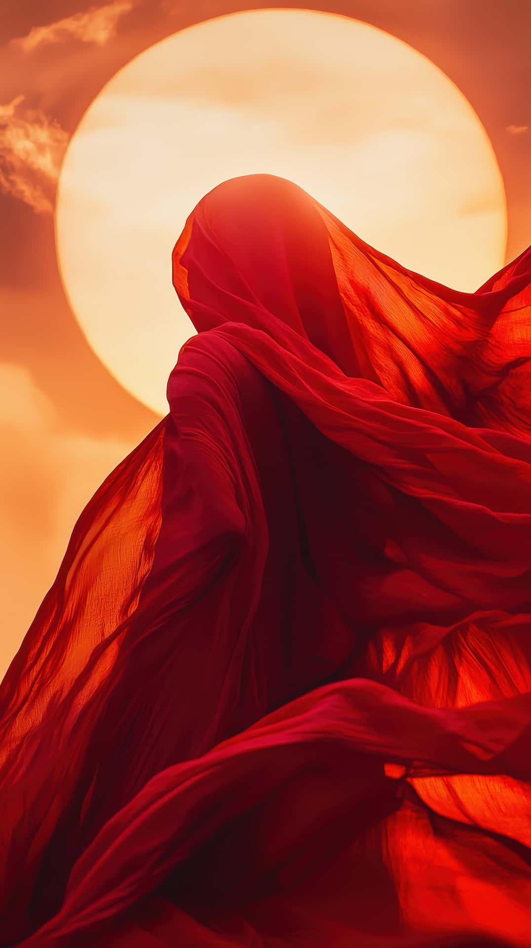 Mysterious Figure Draped In Flowing Red Fabric Standing Against A Glowing Sun Wallpaper