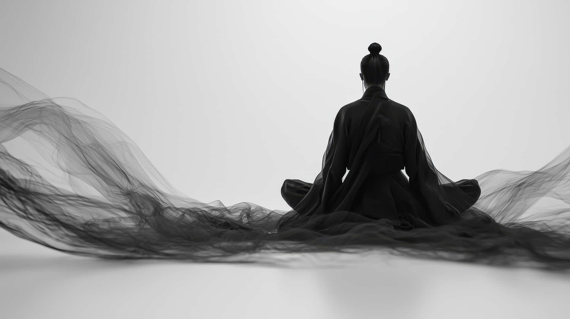 Mysterious Figure In Black Traditional Robe Sitting In A Meditative State On White Background Wallpaper