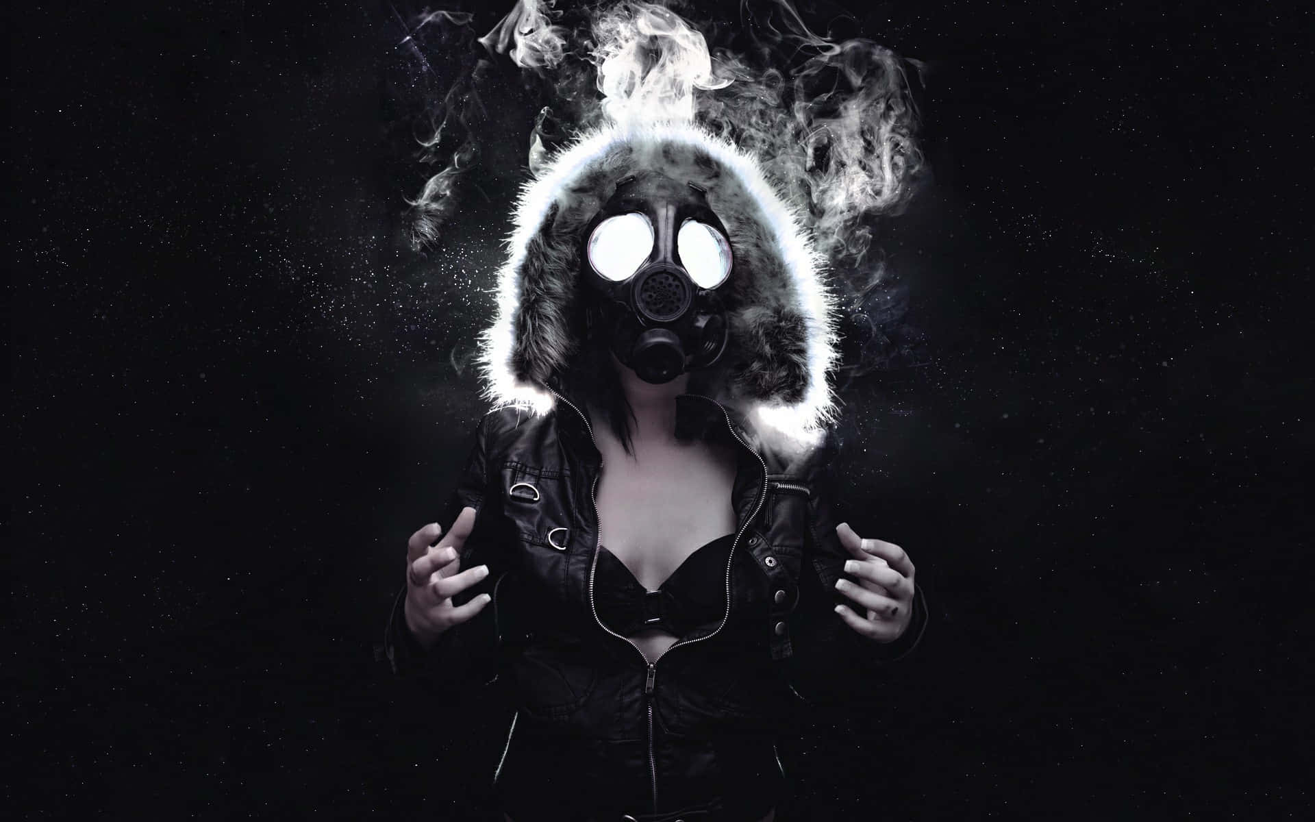 Mysterious_ Figure_in_ Gas_ Mask_with_ Smoke Wallpaper
