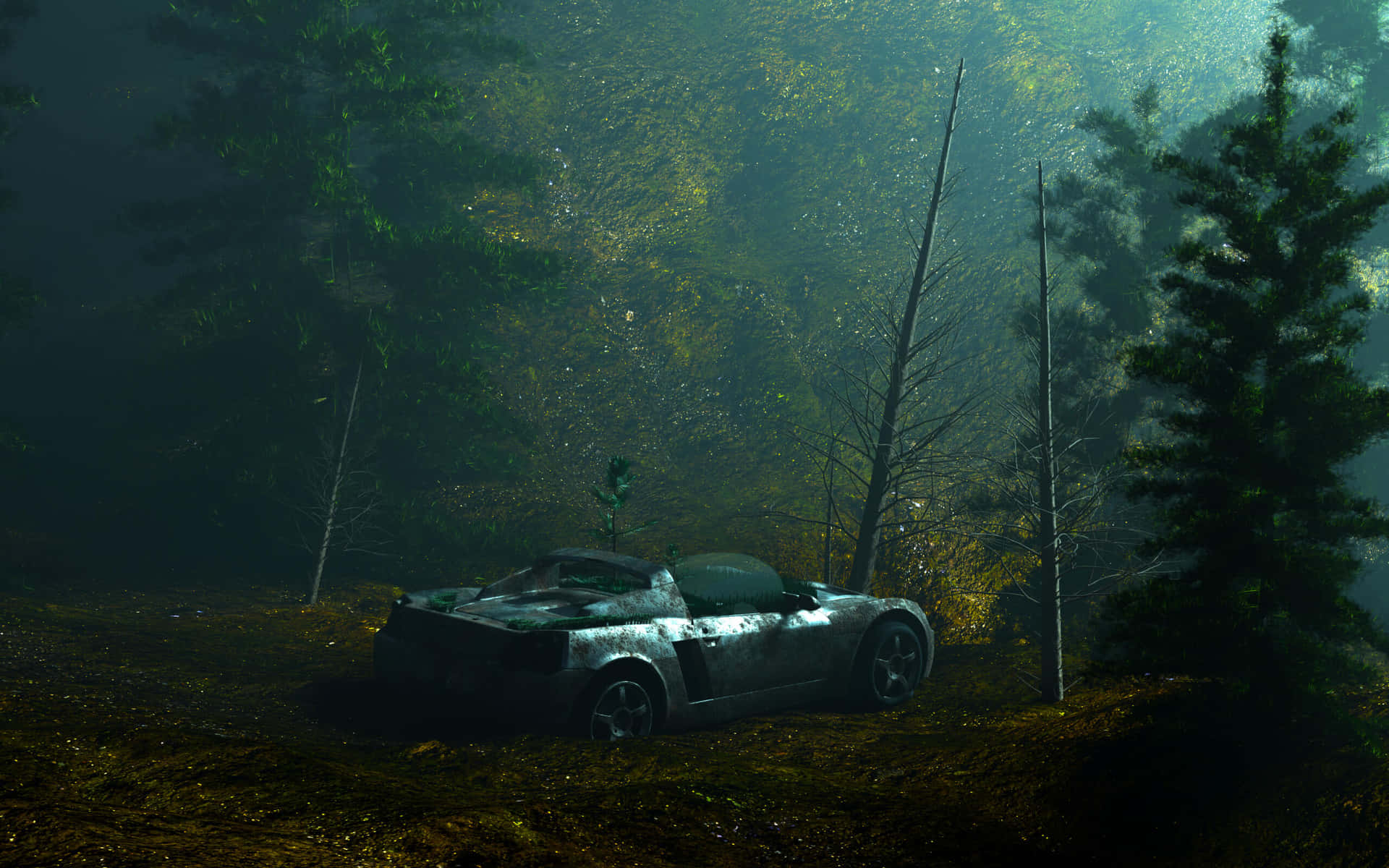 Mysterious Forest Car Wreck Wallpaper