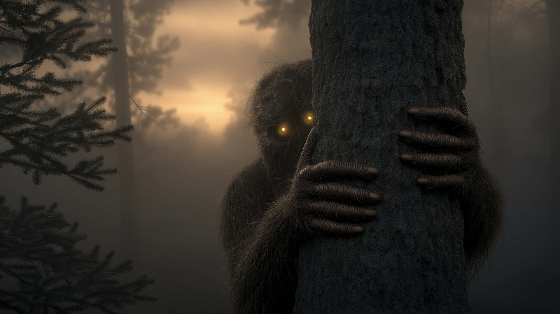 Mysterious Forest Creature With Glowing Eyes Hiding Behind Tree Wallpaper