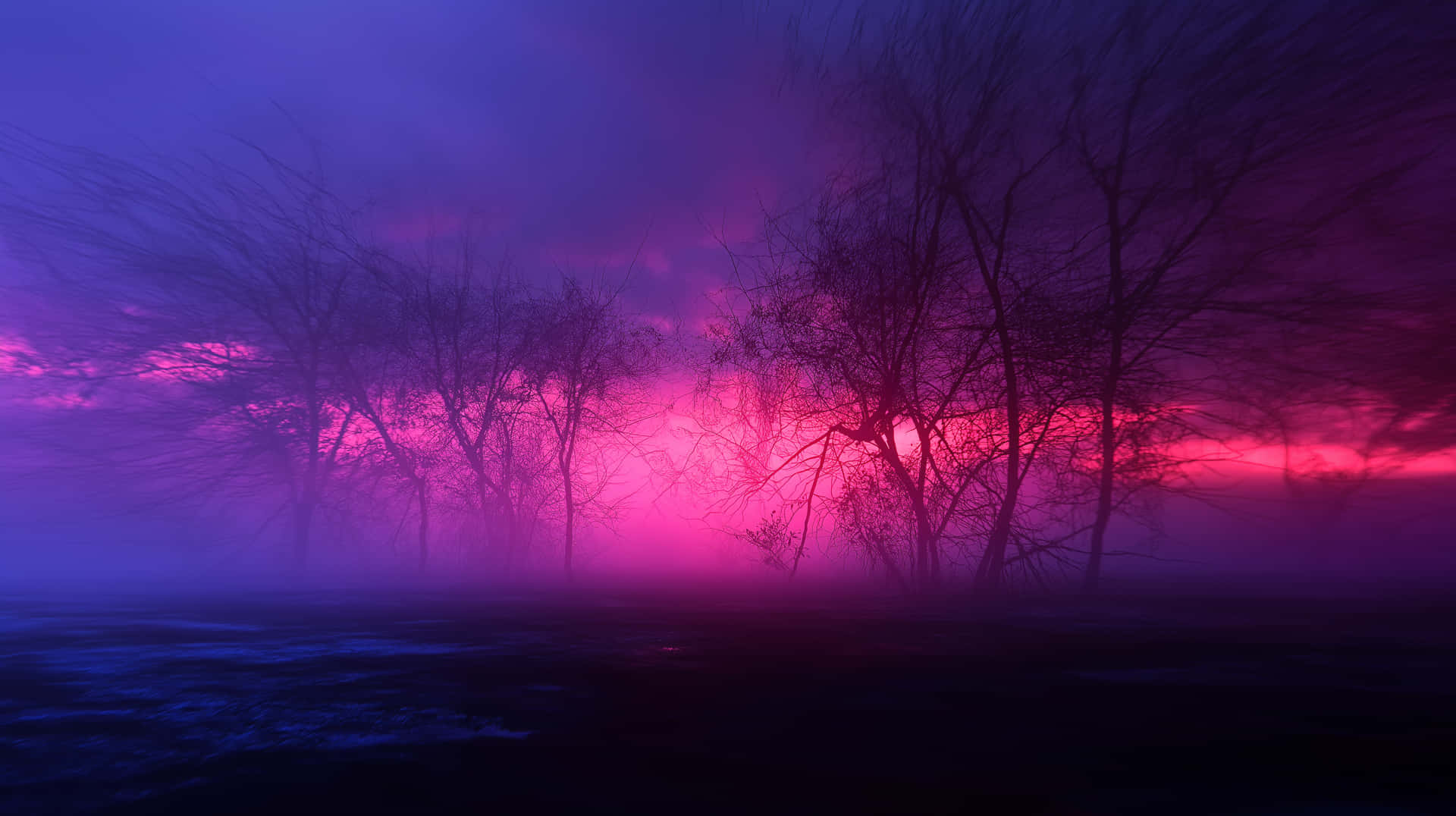 Mysterious Forest Landscape In Deep Pink And Purple Hues Wallpaper