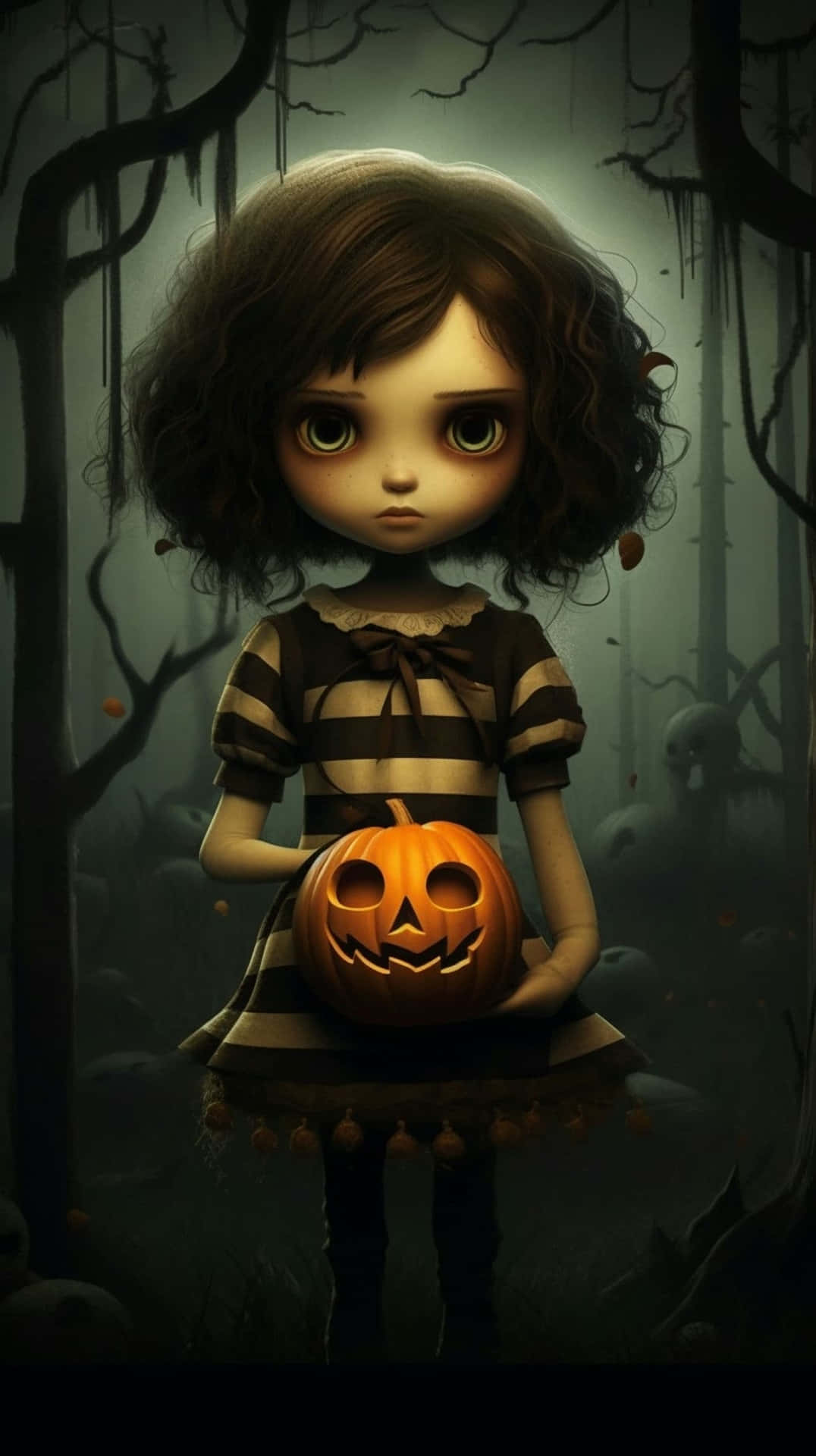 Mysterious Halloween Girlwith Jack O Lantern Wallpaper