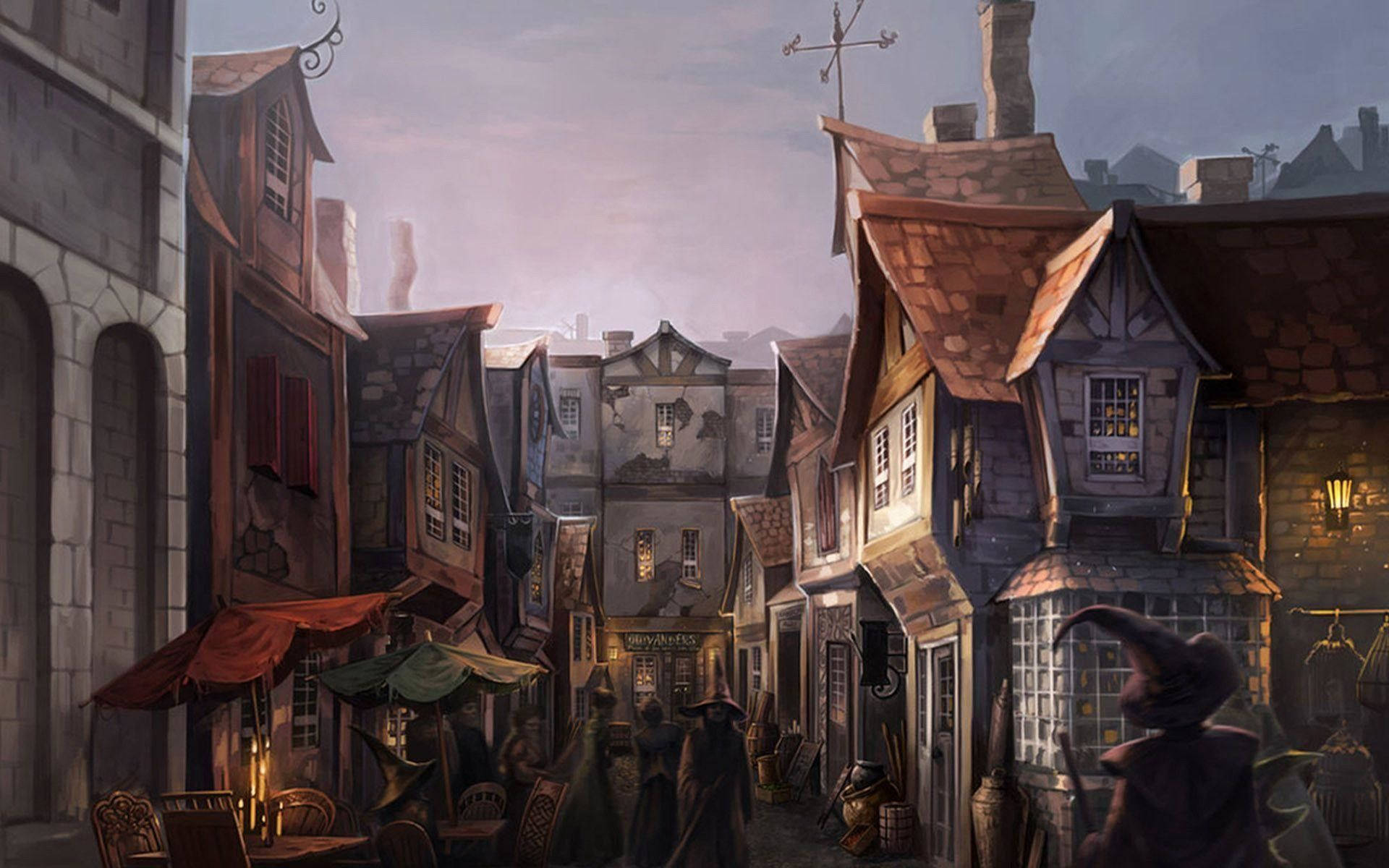 "mysterious Hogwarts Castle With Golden Moonlight" Wallpaper