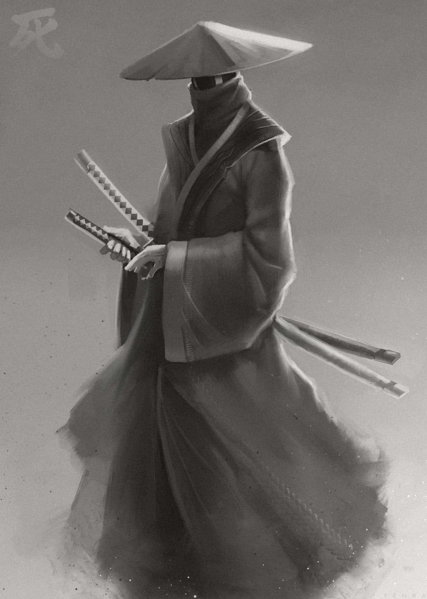 Misteriosoanime Giapponese Samurai Monocromatico. Sfondo