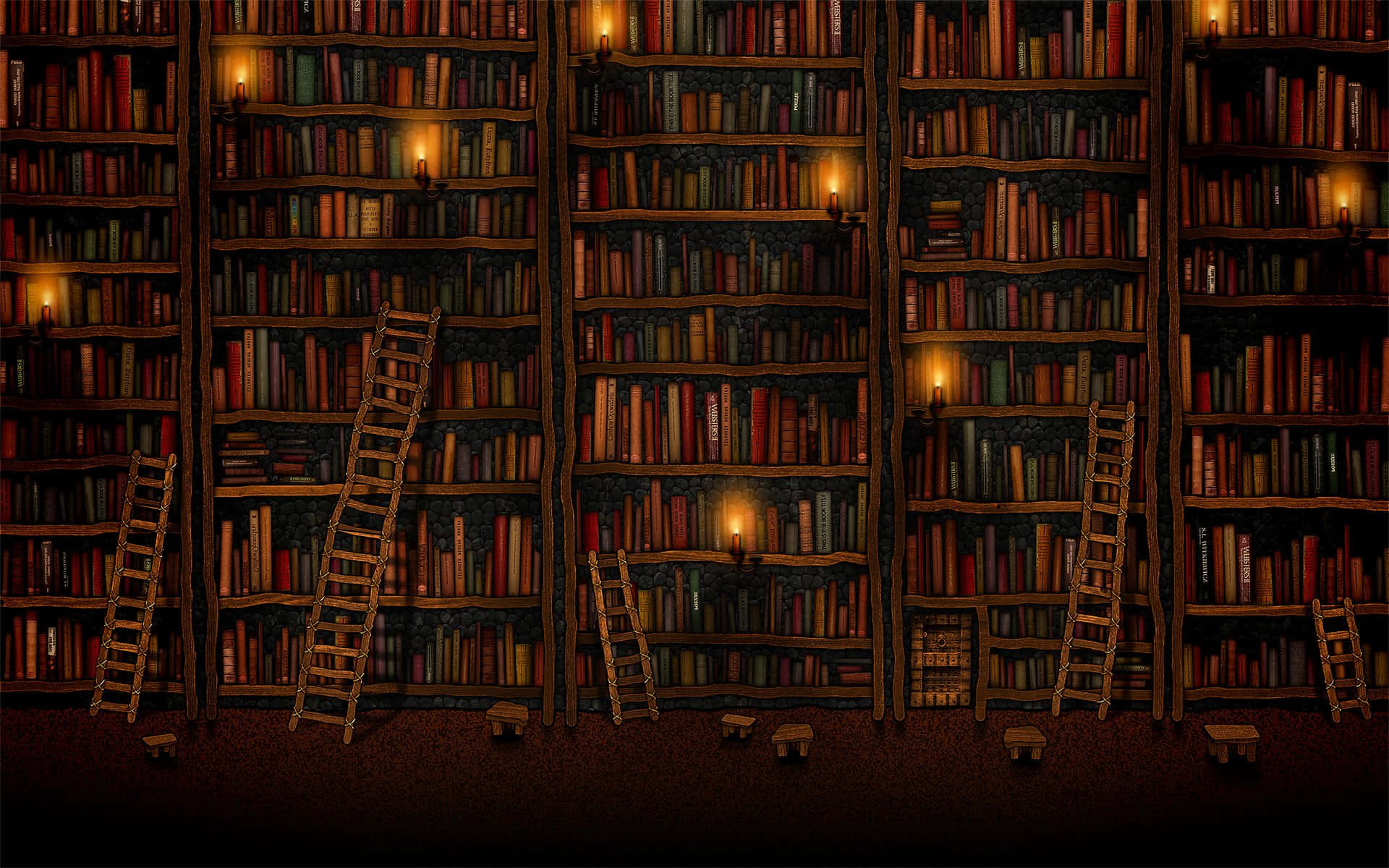 Mysterious Library Candlesand Ladders Wallpaper