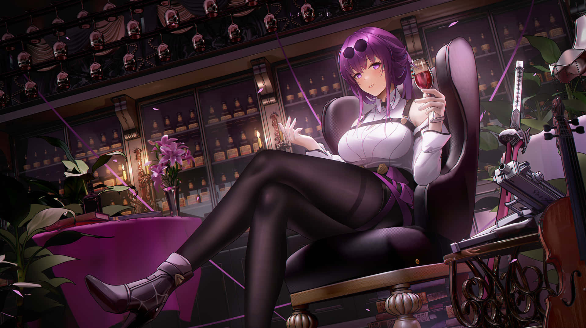 Mysterious Purple Haired Anime Characterwith Wine Wallpaper