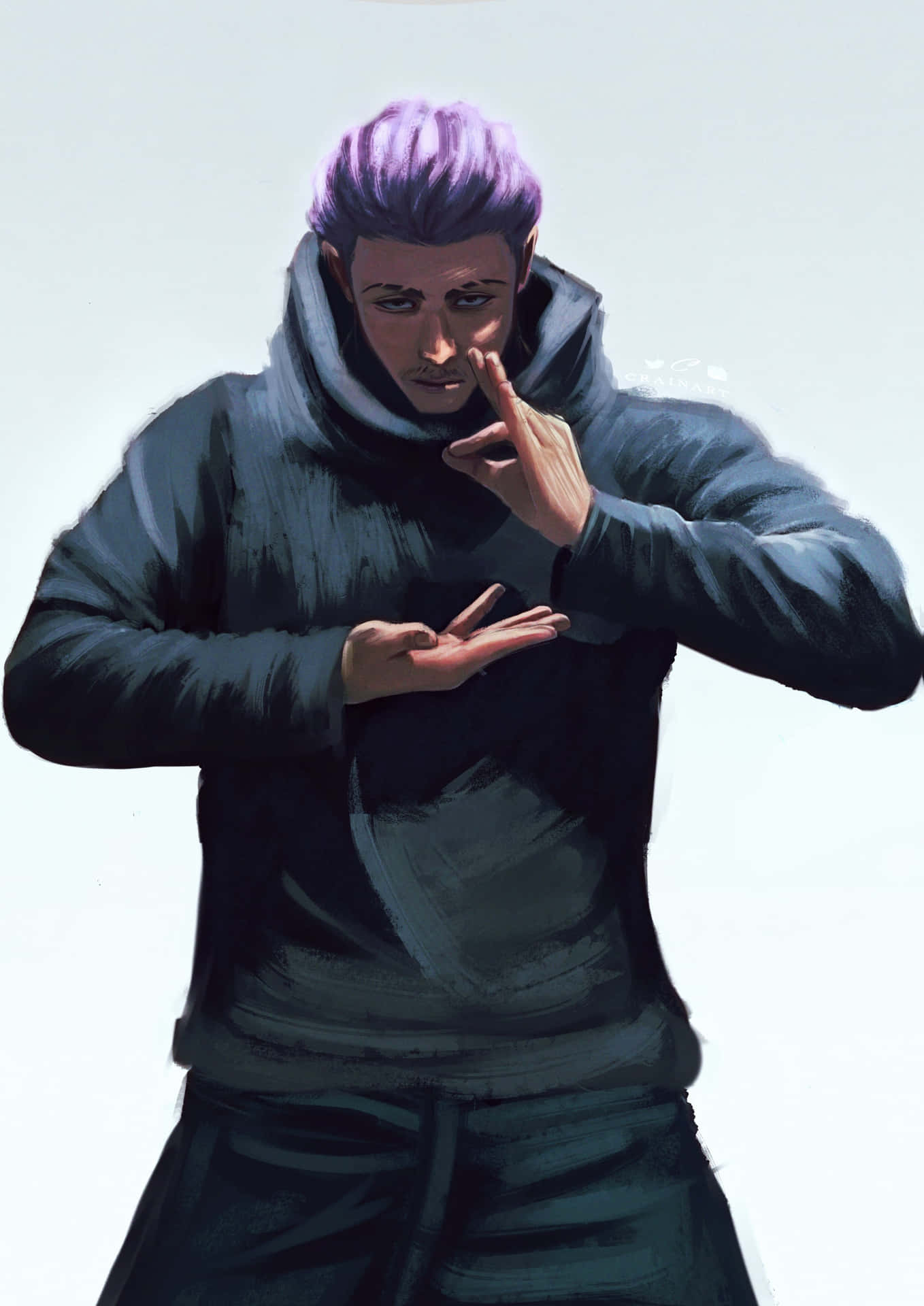 Mysterious Purple Haired Man Gesture Wallpaper