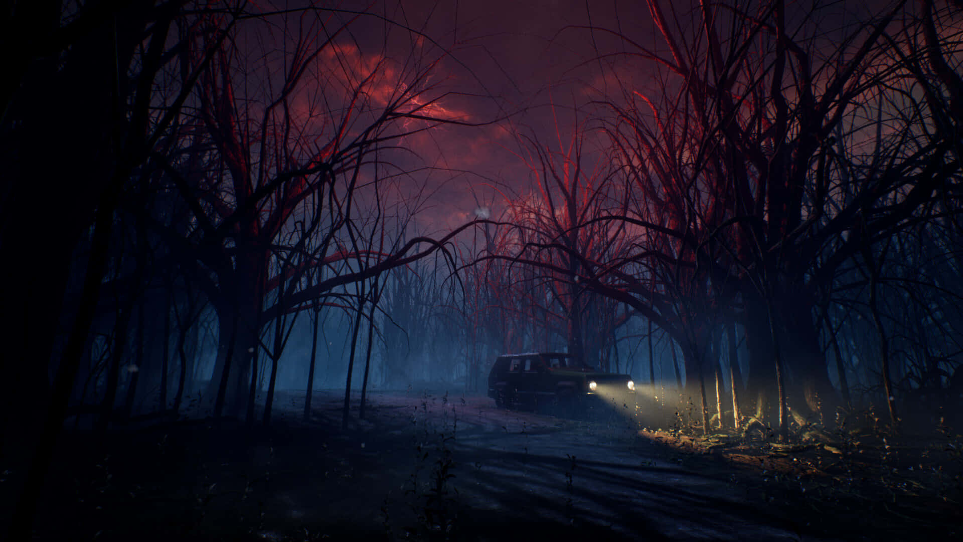 Mysterious Red Sky Forest Road Night Wallpaper